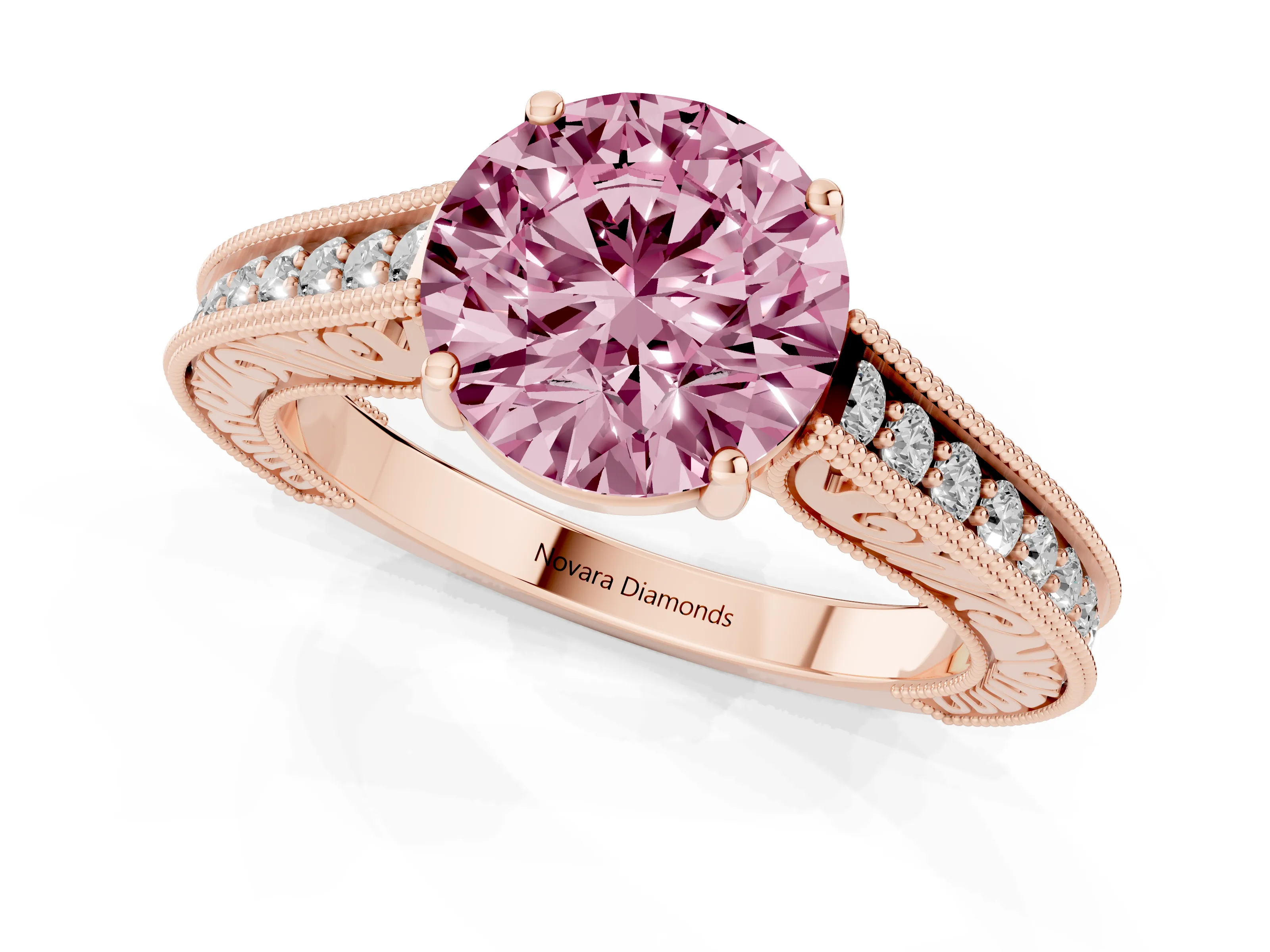 Fancy Pink Round Cut Diamond Milgrain Pavé Band Solitaire Ring Set in Rose gold with Prong Setting
