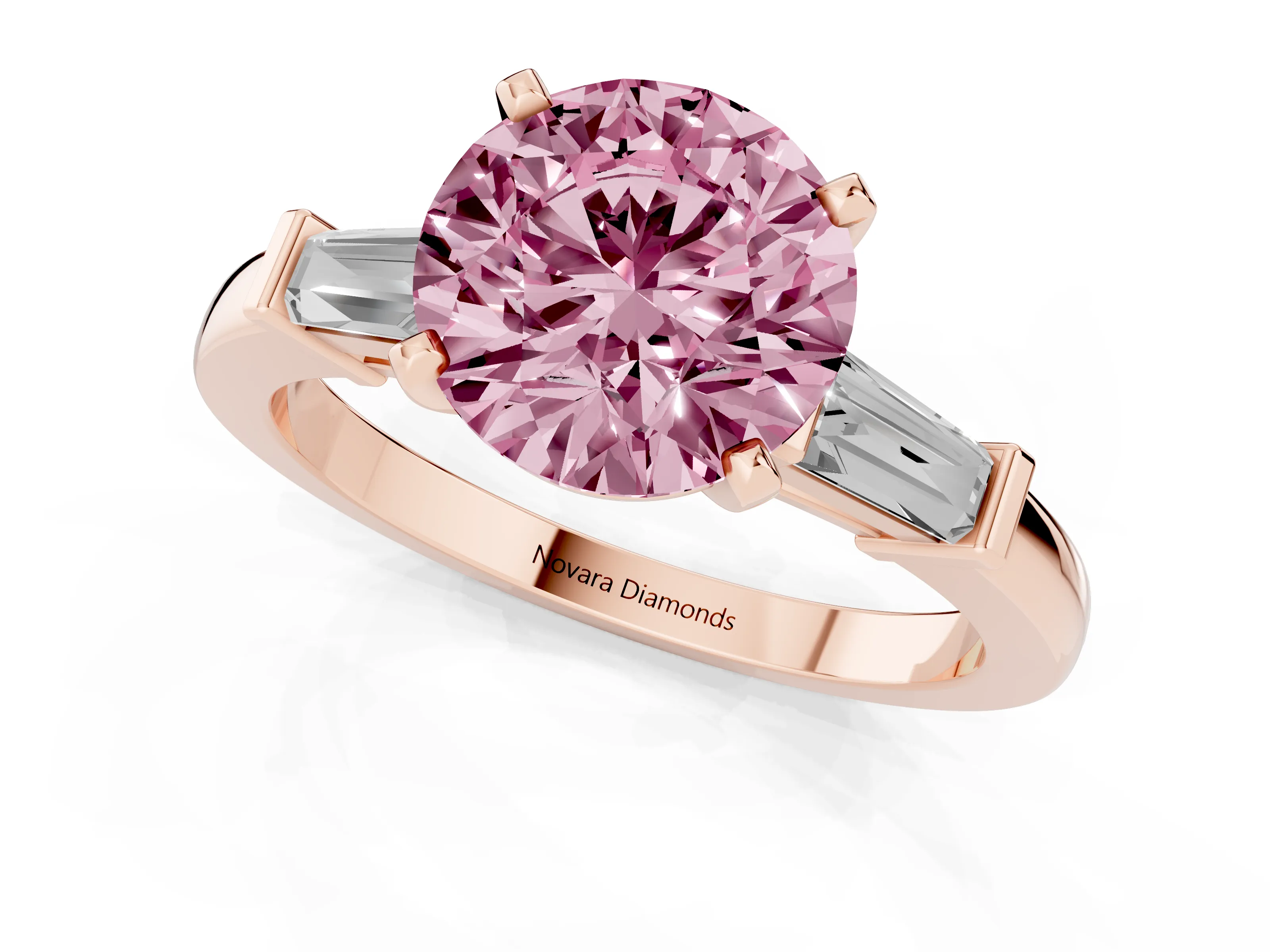 Fancy Pink Round Cut Diamond Solitaire Ring Set in Rose gold with Tapered Baguette Accents and Prong Setting