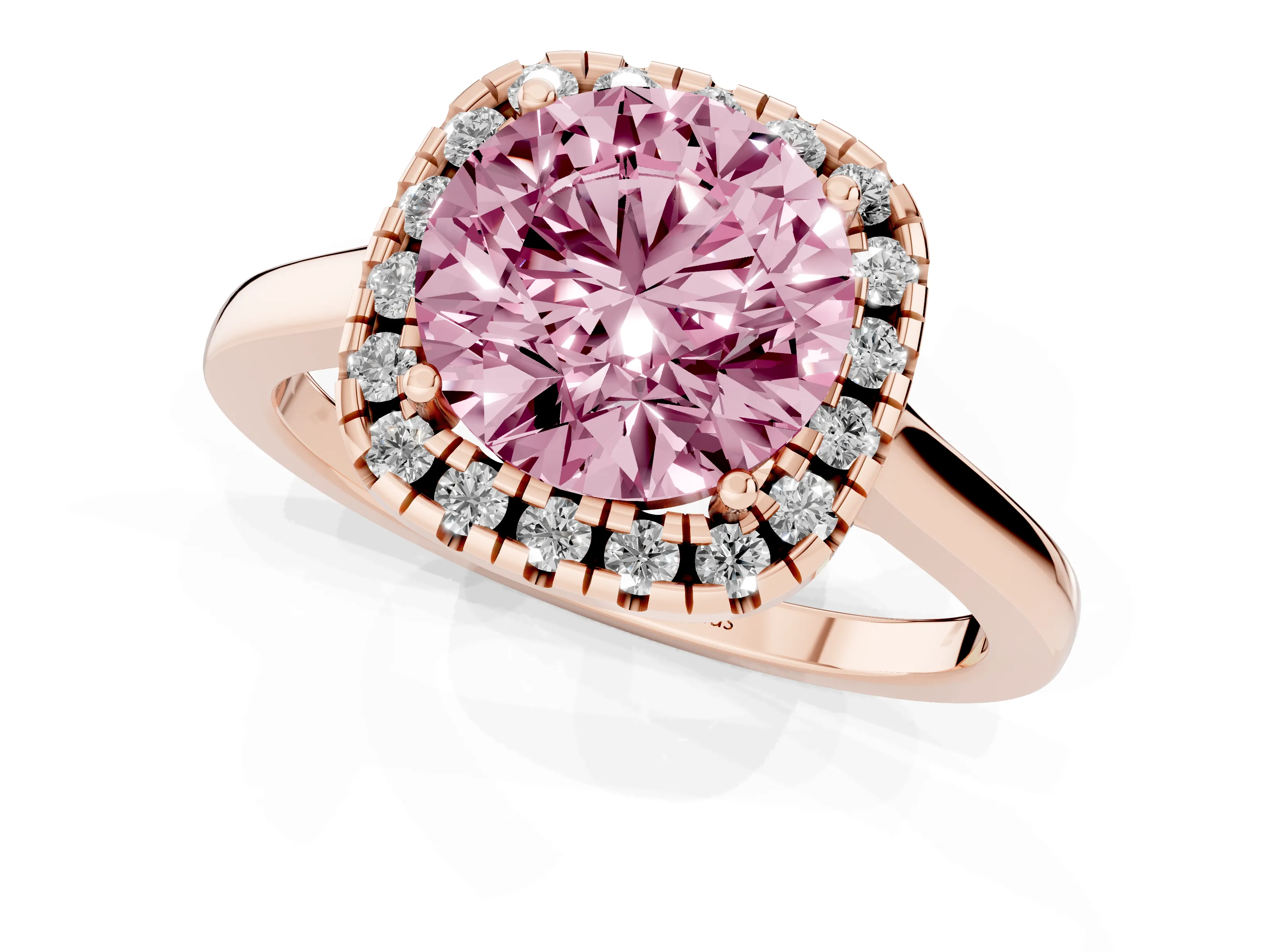 Fancy Pink Round Cut Halo Round Diamond Solitaire Ring Set in Rose gold with Pavé Band and Prong Setting