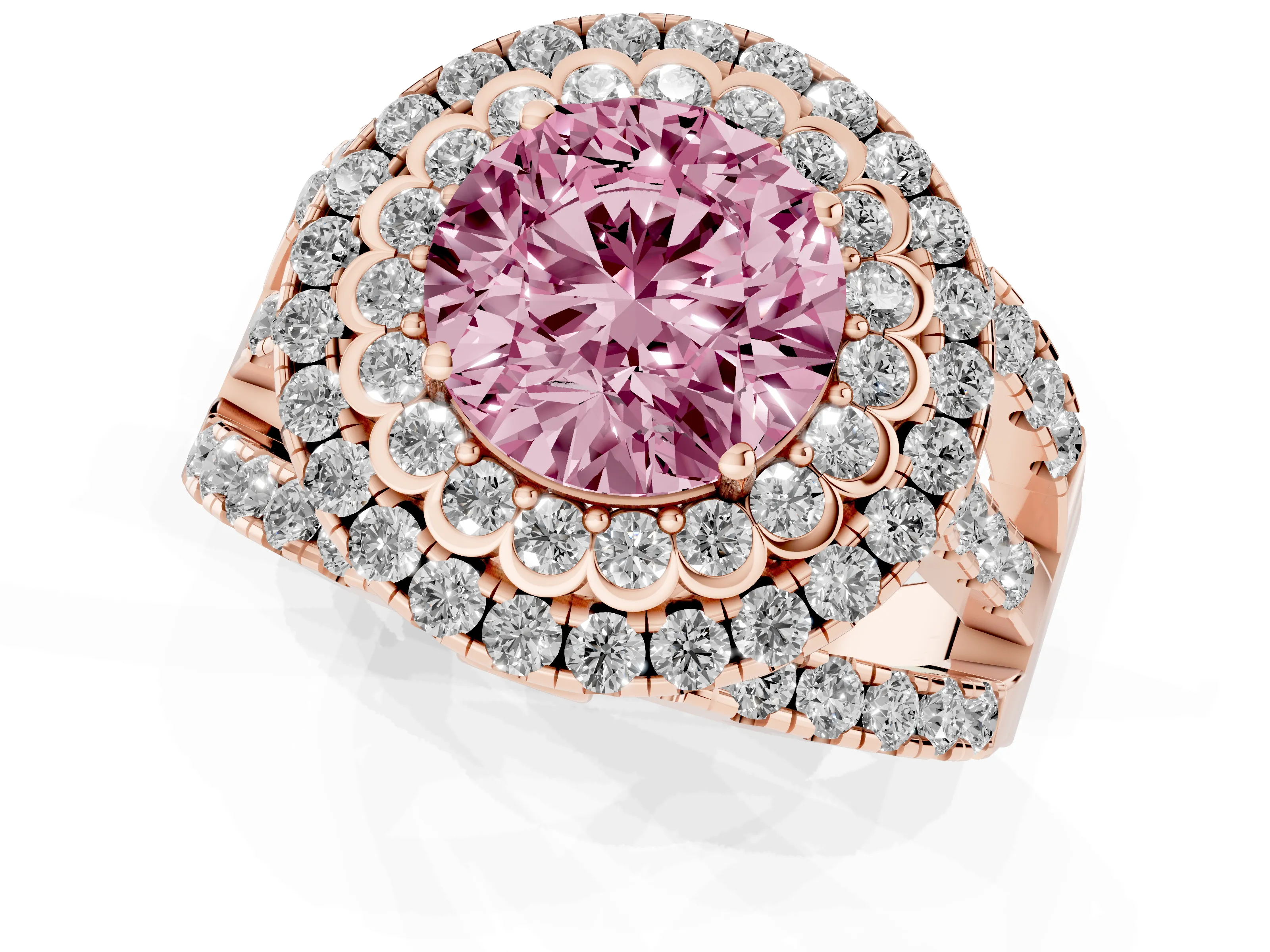 Fancy Pink Round Cut Diamond Double Halo Ring Set in Rose gold with Round Pavé Split Shank