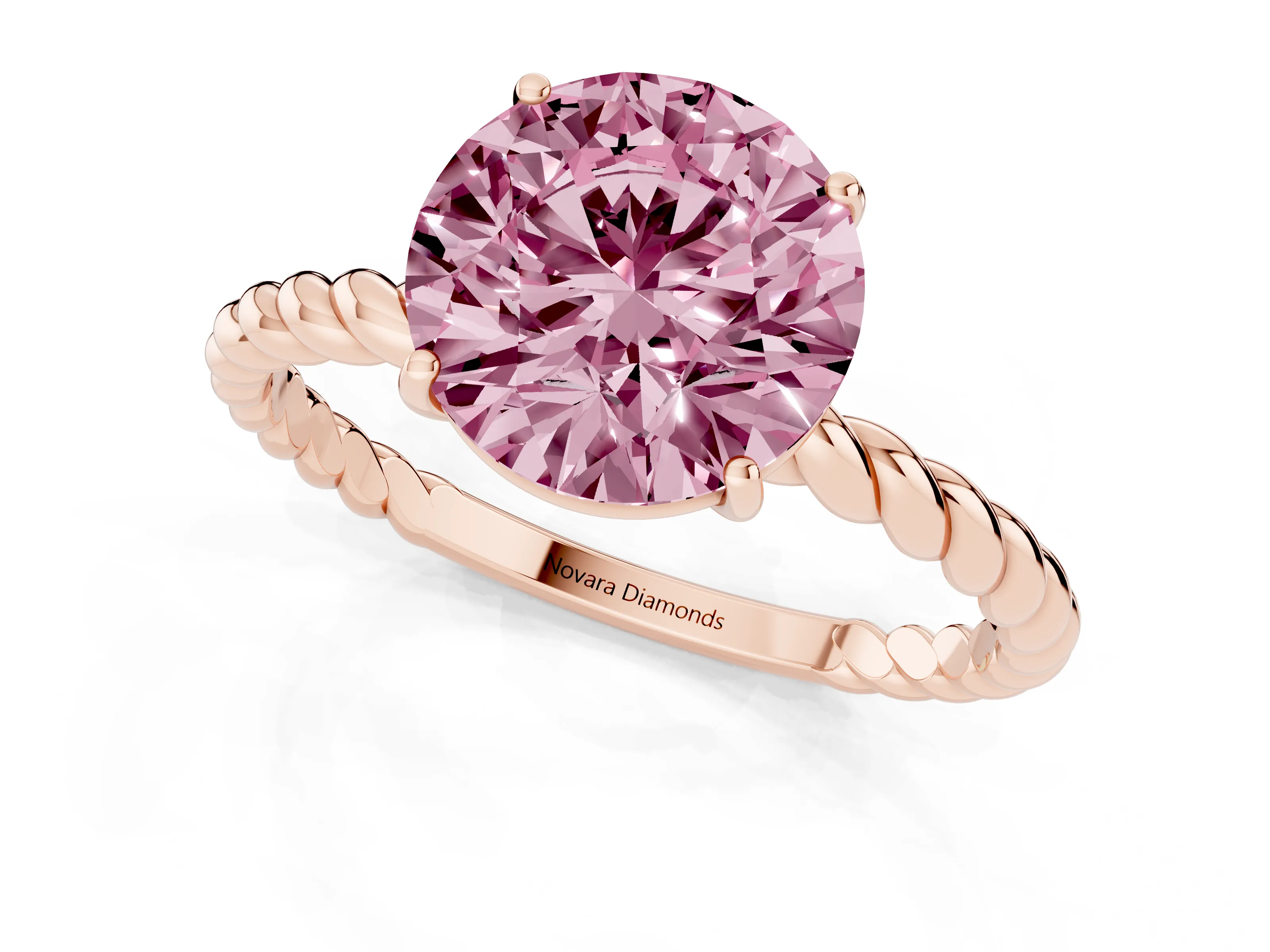 Fancy Pink Round Cut Diamond Solitaire Ring Set in Rose gold with Twist Band and Prong Setting