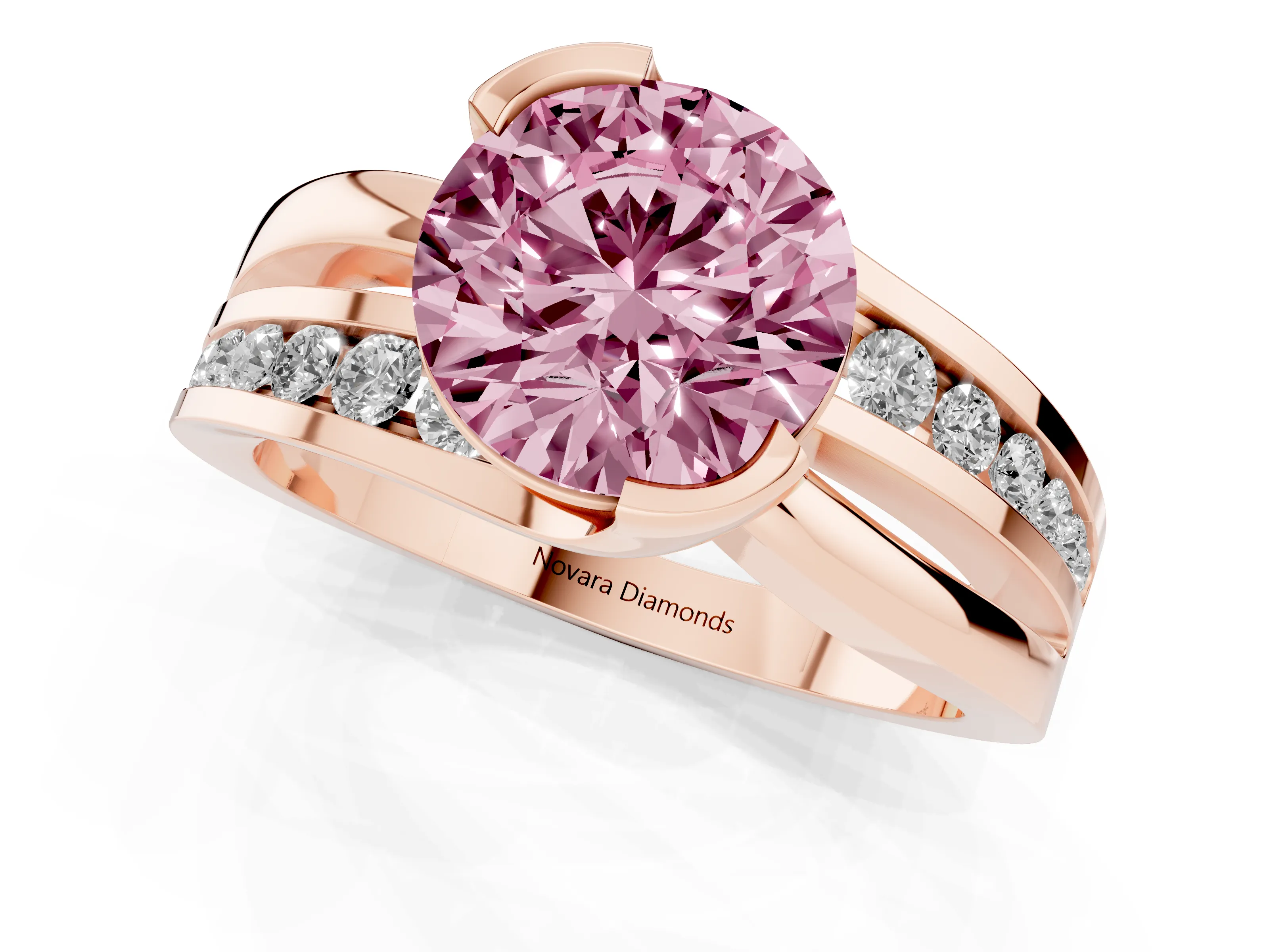 Fancy Pink Round Cut Diamond Solitaire Ring Set in Rose gold with Channel Set Split Shank and Tension Prongs
