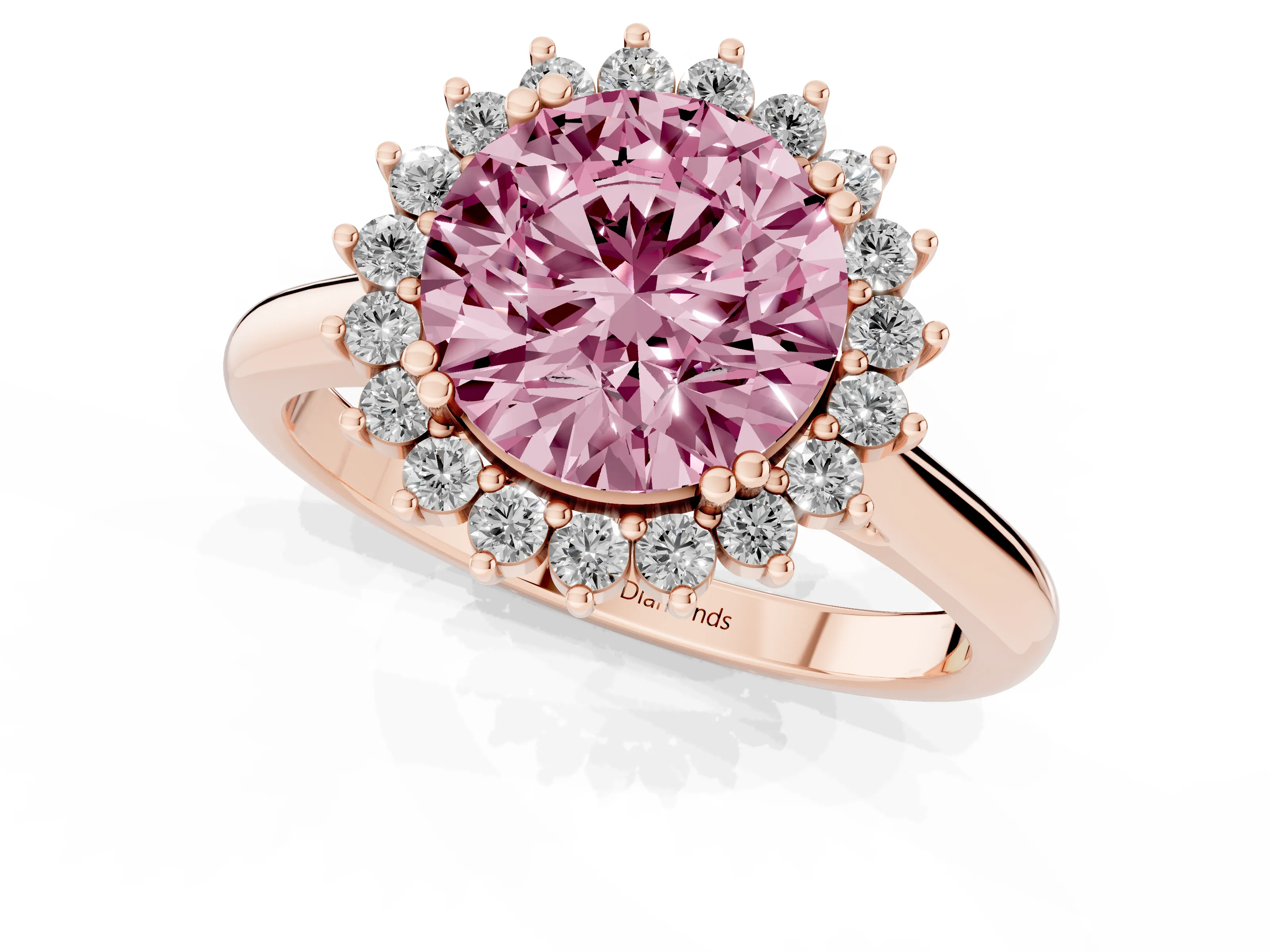 Fancy Pink Round Cut Diamond Halo Ring Set in Rose gold with Plain Solitaire Band and Prong Setting