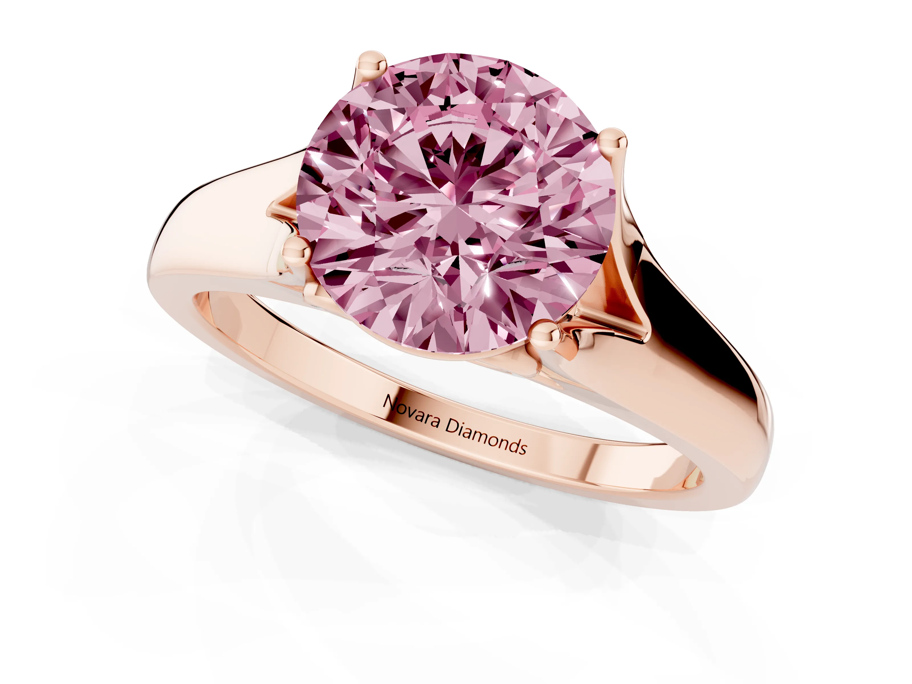 Fancy Pink Round Cut Diamond Solitaire Ring Set in Rose gold with Arched Cathedral Band and Prong Setting
