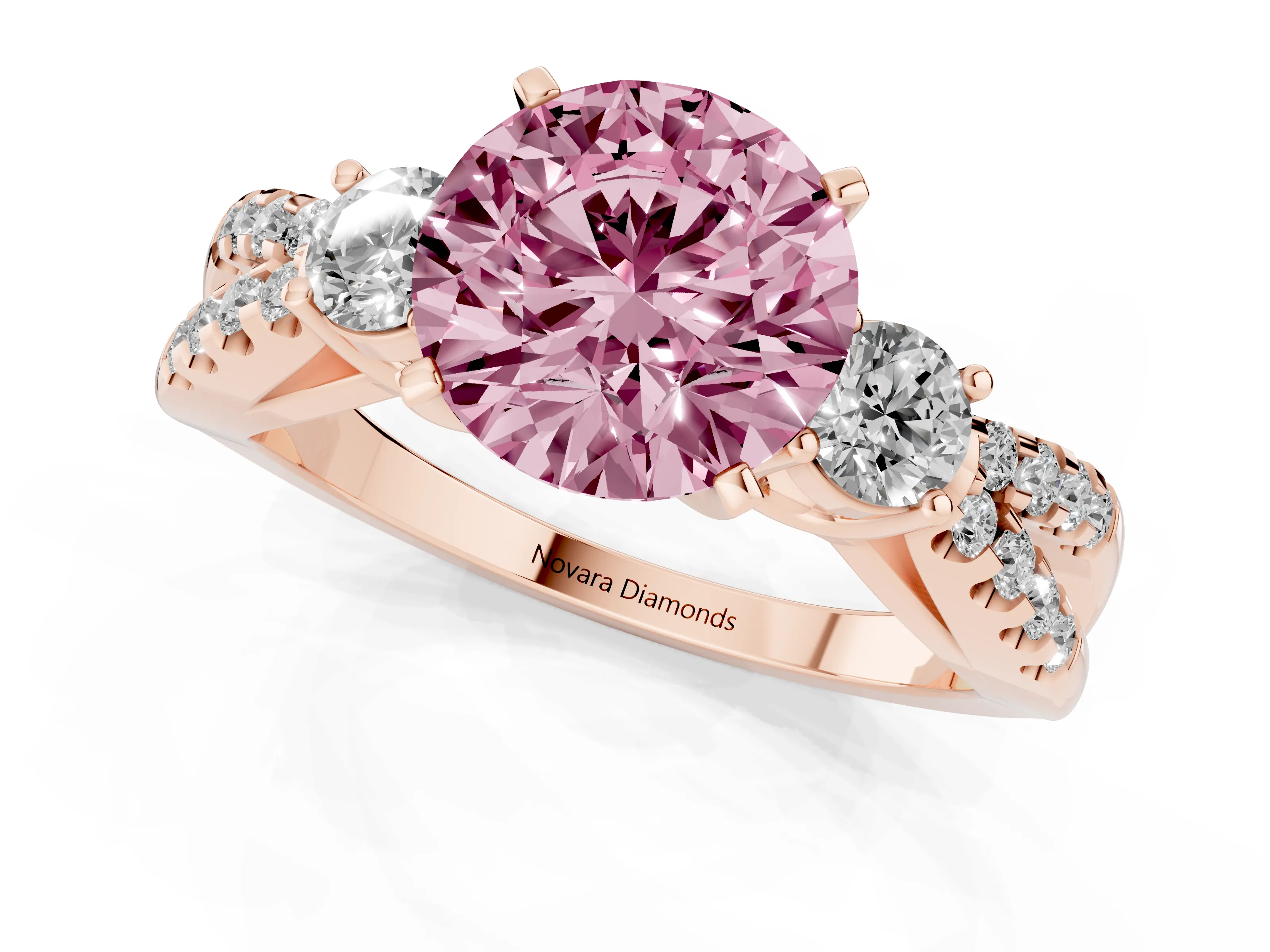 Fancy Pink Round Cut Diamond Three-Stone Ring Set in Rose gold with Pavé Split Shank and Prong Setting