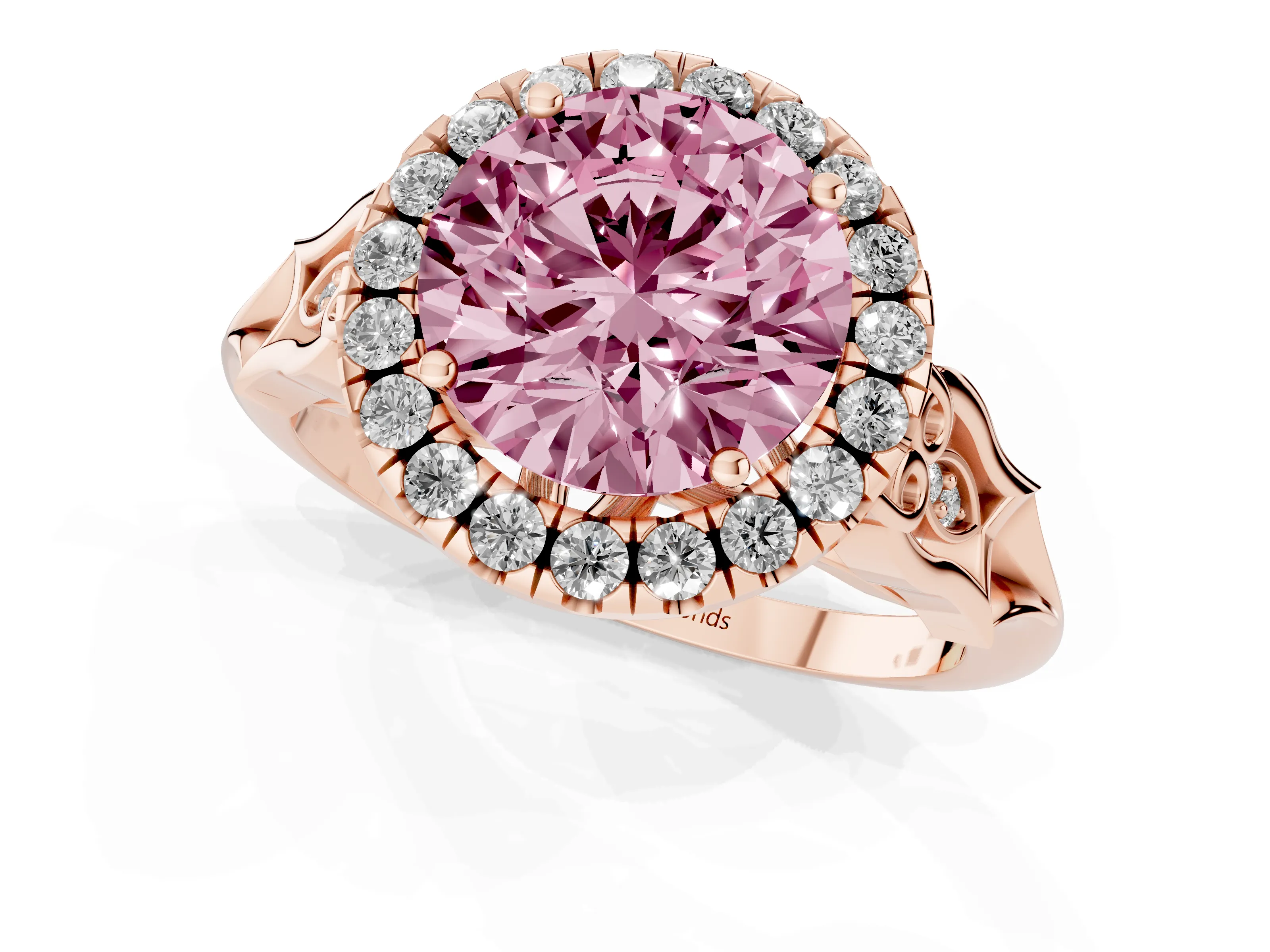 Round Vintage Halo Engagement Ring Setting for a Fancy Pink Lab-Grown Diamond | Pierced Filigree Shoulders | Rose Gold