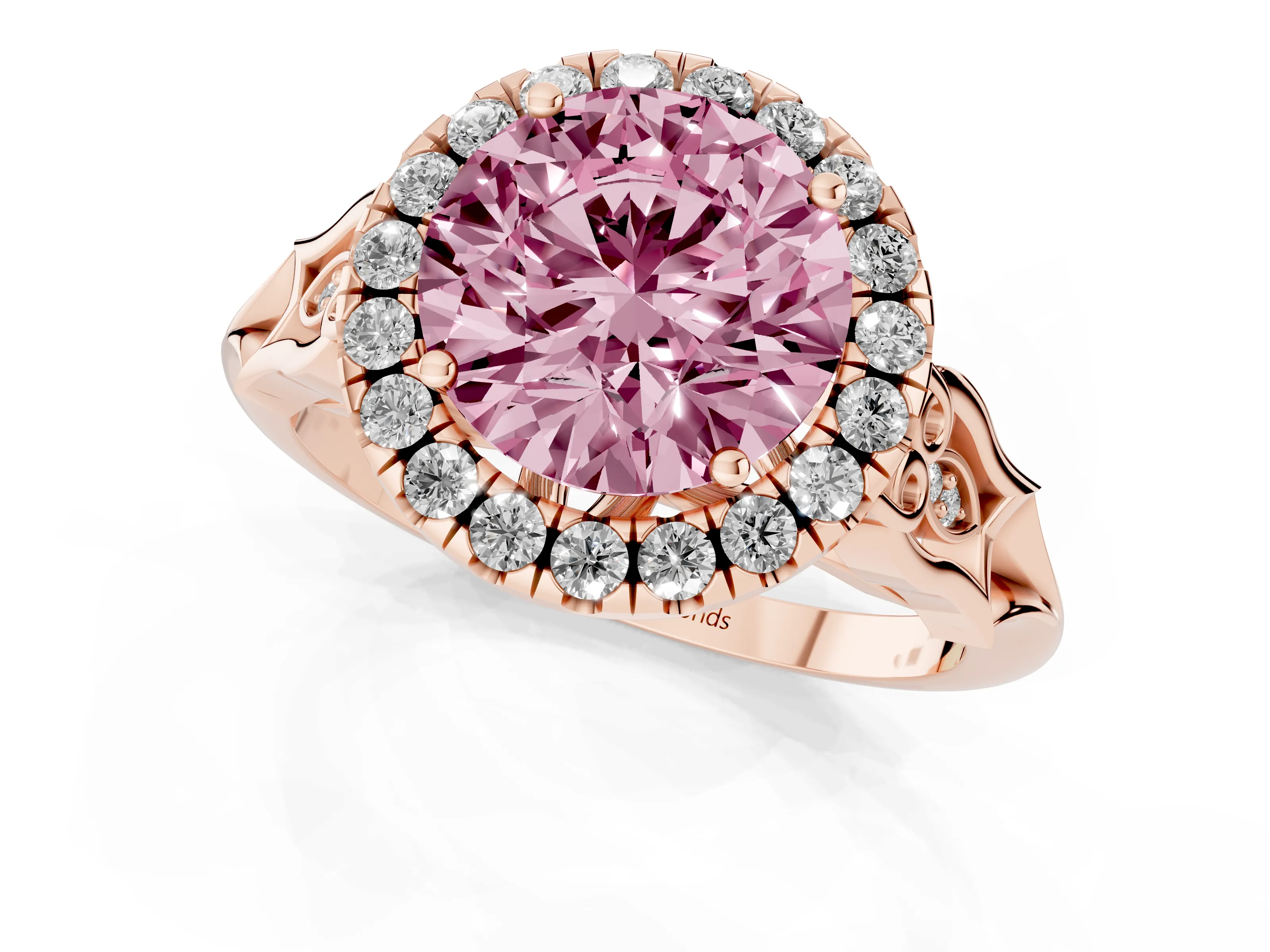 Fancy Pink Round Cut Diamond Halo Engagement Ring Set in Rose gold with Filigree Band and Prong-Set Center