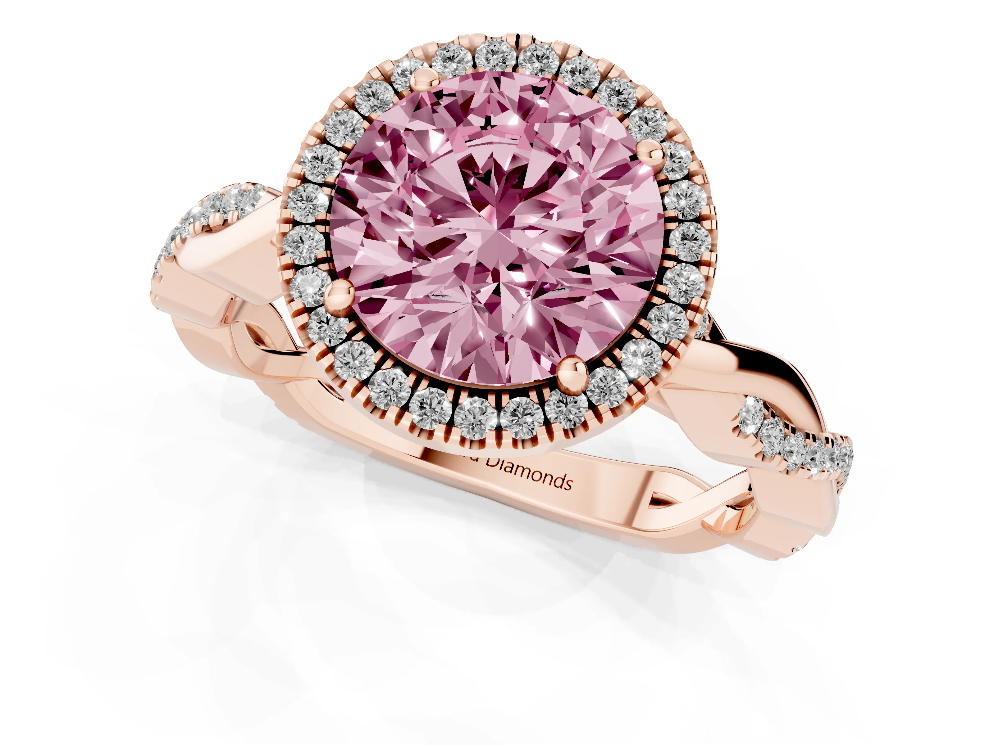 Fancy Pink Round Cut Diamond Halo Twisted Band Ring Set in Rose gold with Prong Setting