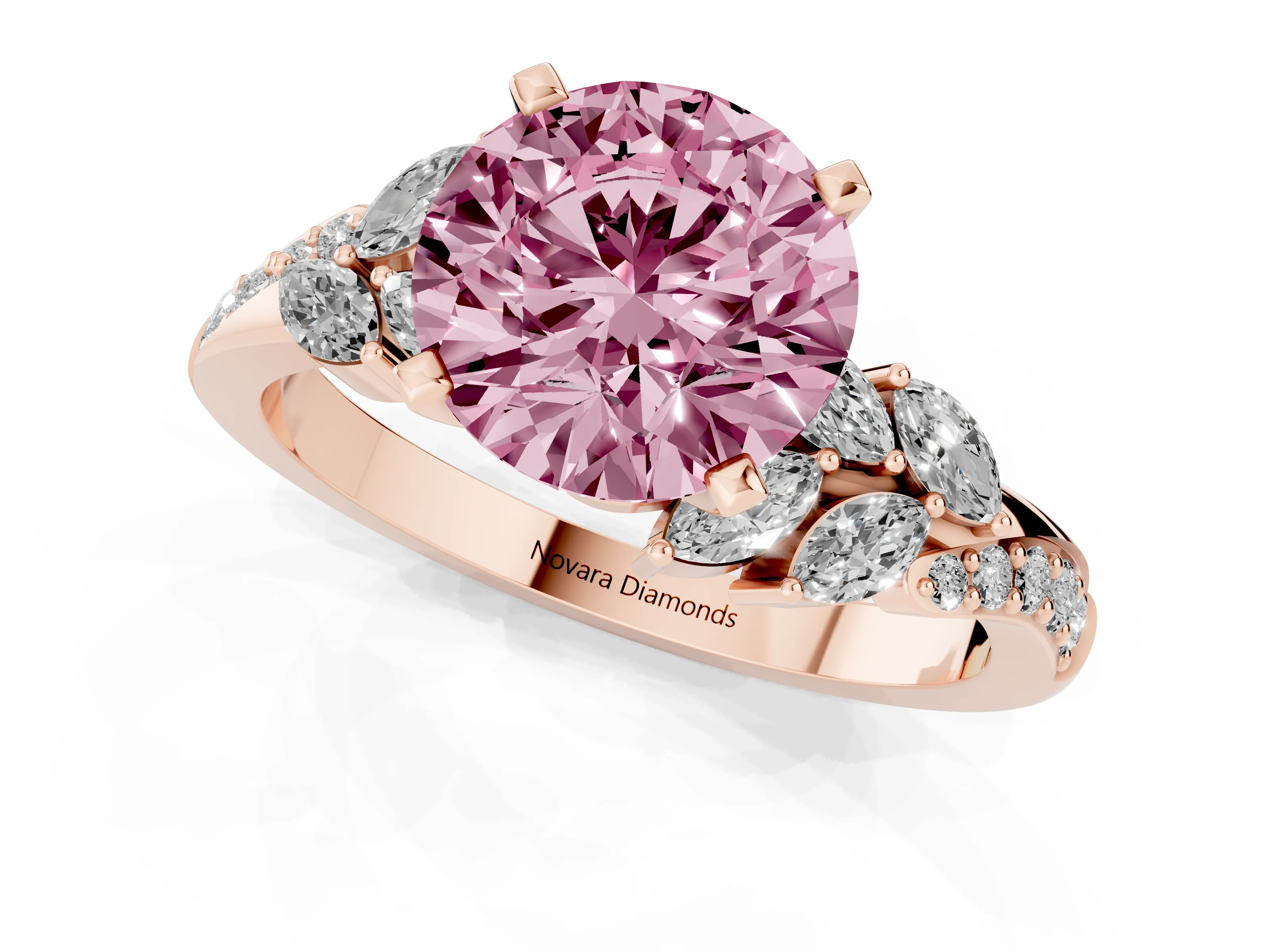 Fancy Pink Round Cut Diamond Solitaire Ring Set in Rose gold with Marquise Twist Band and Prong Setting