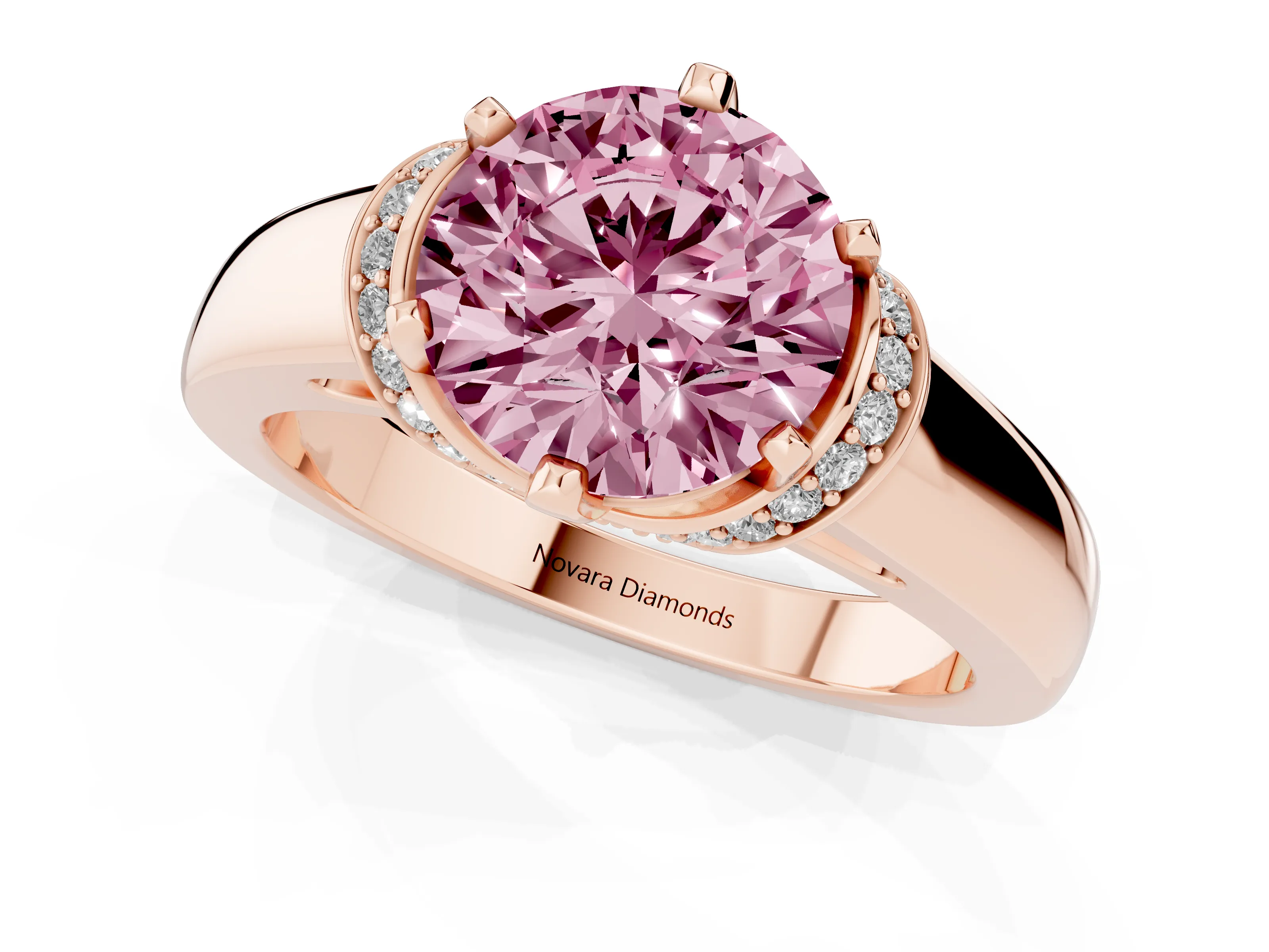 Fancy Pink Round Cut Diamond Pavé Band Solitaire Ring Set in Rose gold with Prong Setting