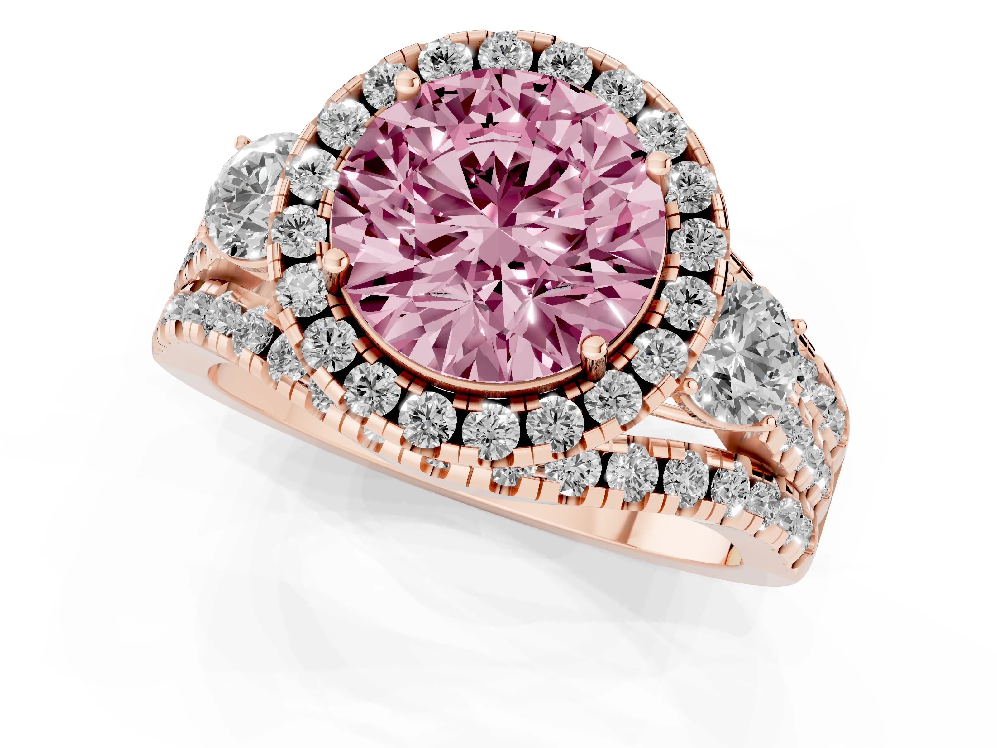 Fancy Pink Round Cut Diamond Halo Split Shank Ring Set in Rose gold with Round Accent Stones and Prong Setting
