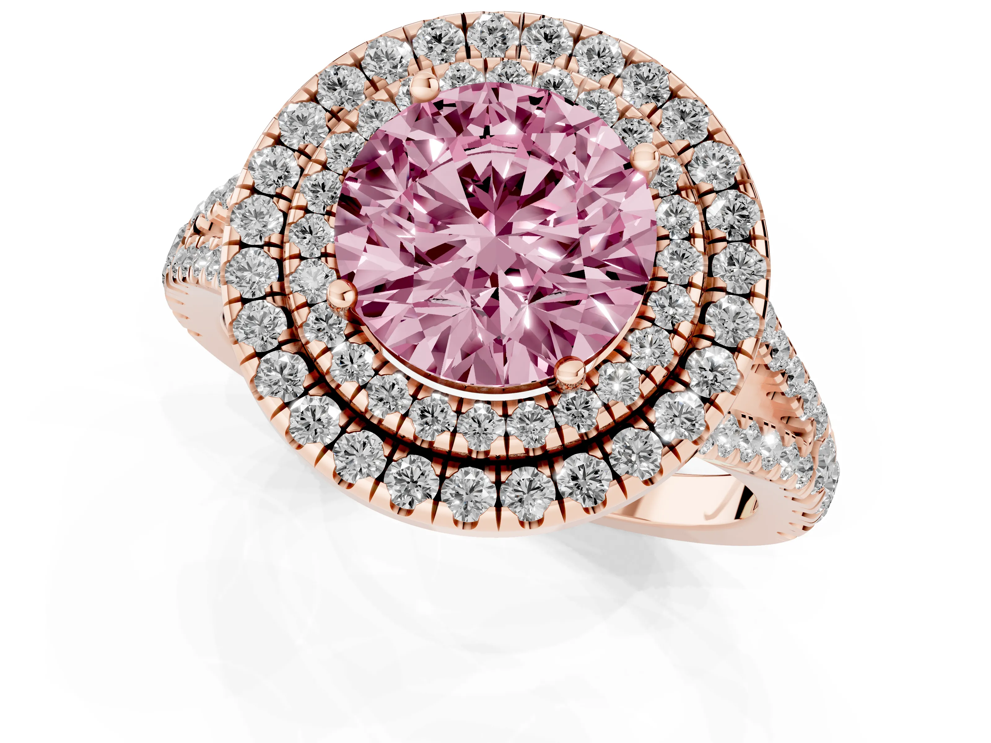 Fancy Pink Round Cut Diamond Double Halo Ring Set in Rose gold with Pavé Band