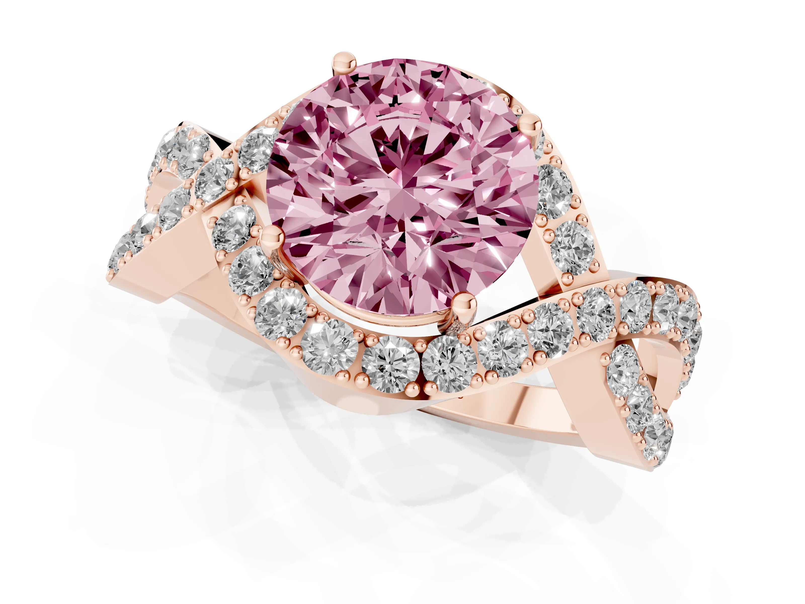 Fancy Pink Round Cut Diamond Solitaire Twist Band Pavé Engagement Ring Set in Rose gold