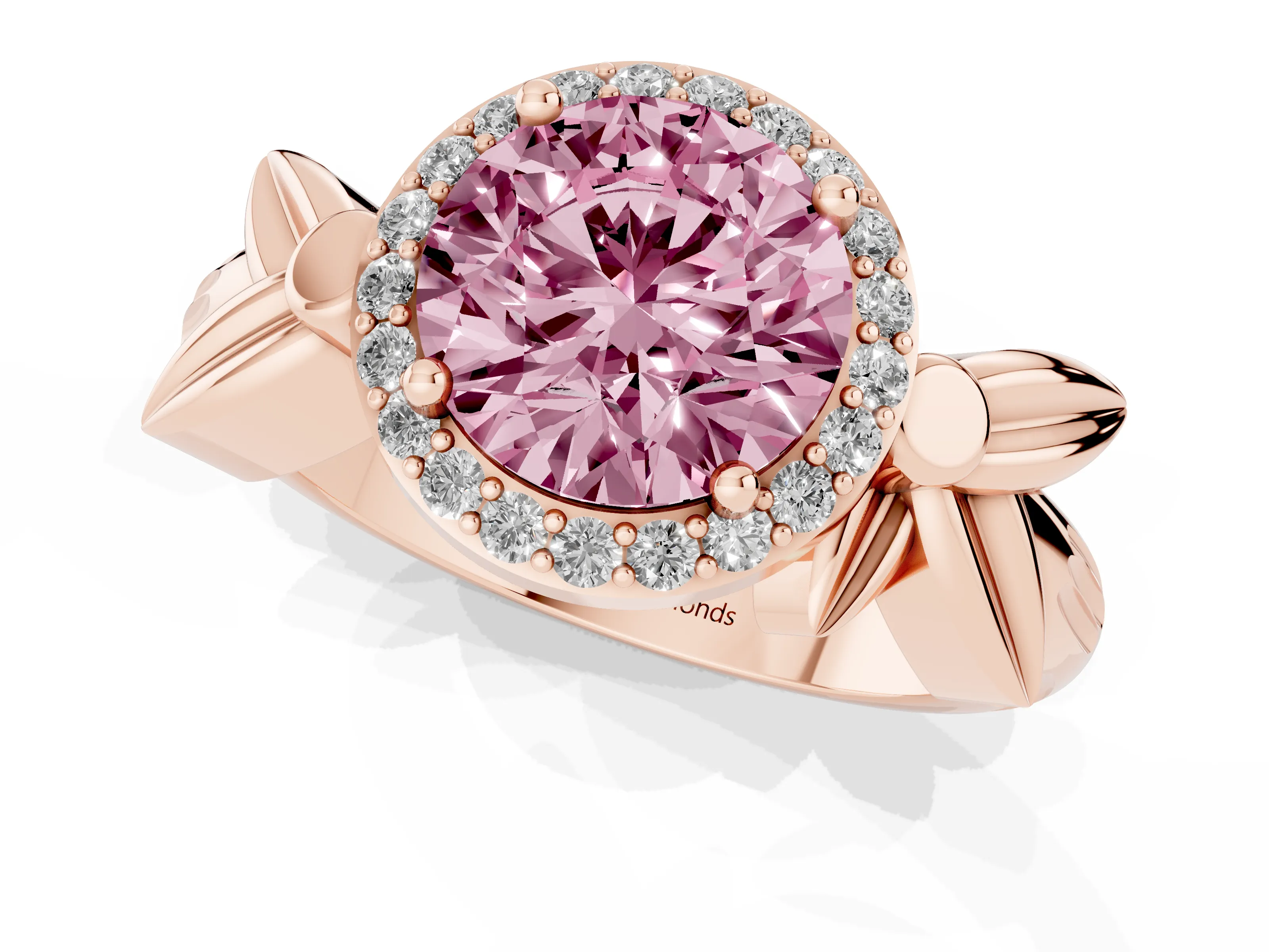 Fancy Pink Round Cut Diamond Halo Floral Band Ring Set in Rose gold with Prong Setting
