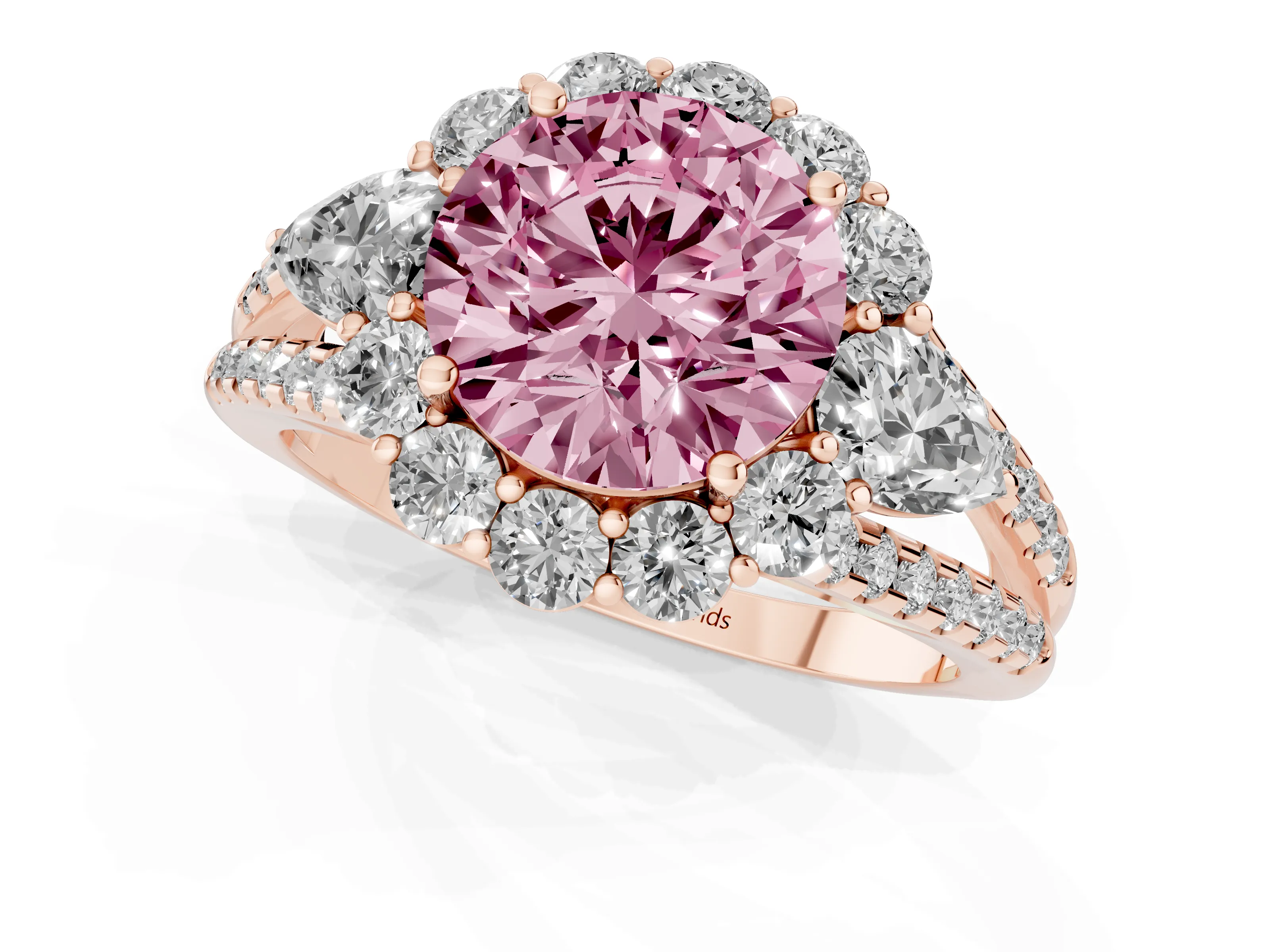 Fancy Pink Round Cut Diamond Halo Split Shank Engagement Ring Set in Rose gold with Prong-Held Center Stone