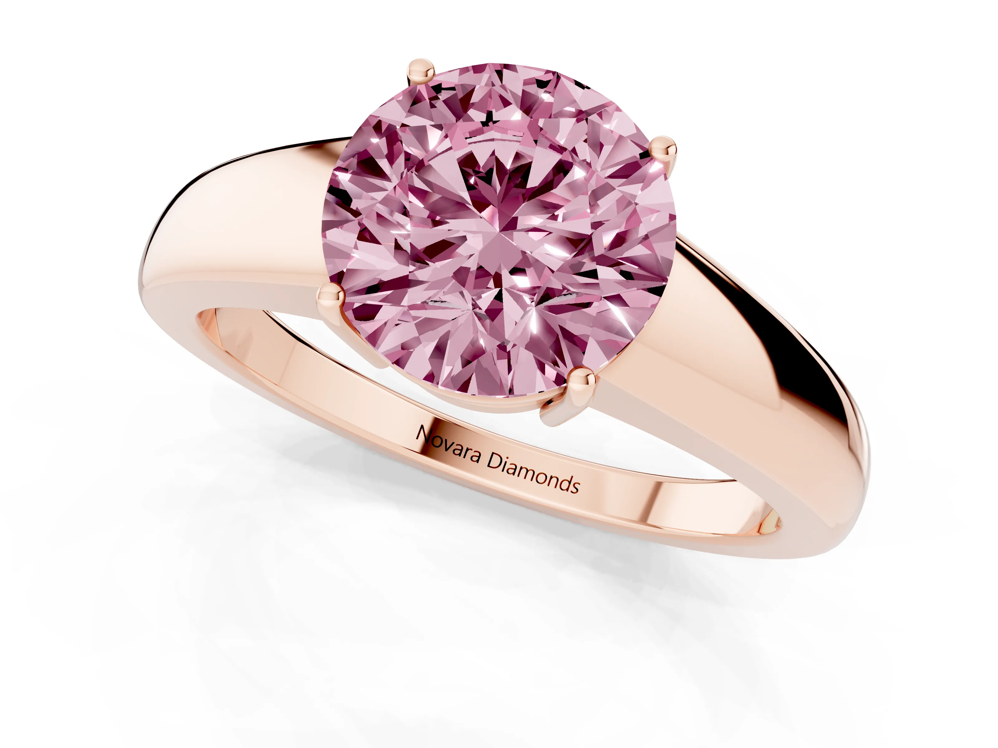 Fancy Pink Round Cut Diamond Solitaire Ring Set in Rose gold with Tapered Band and Prong Setting