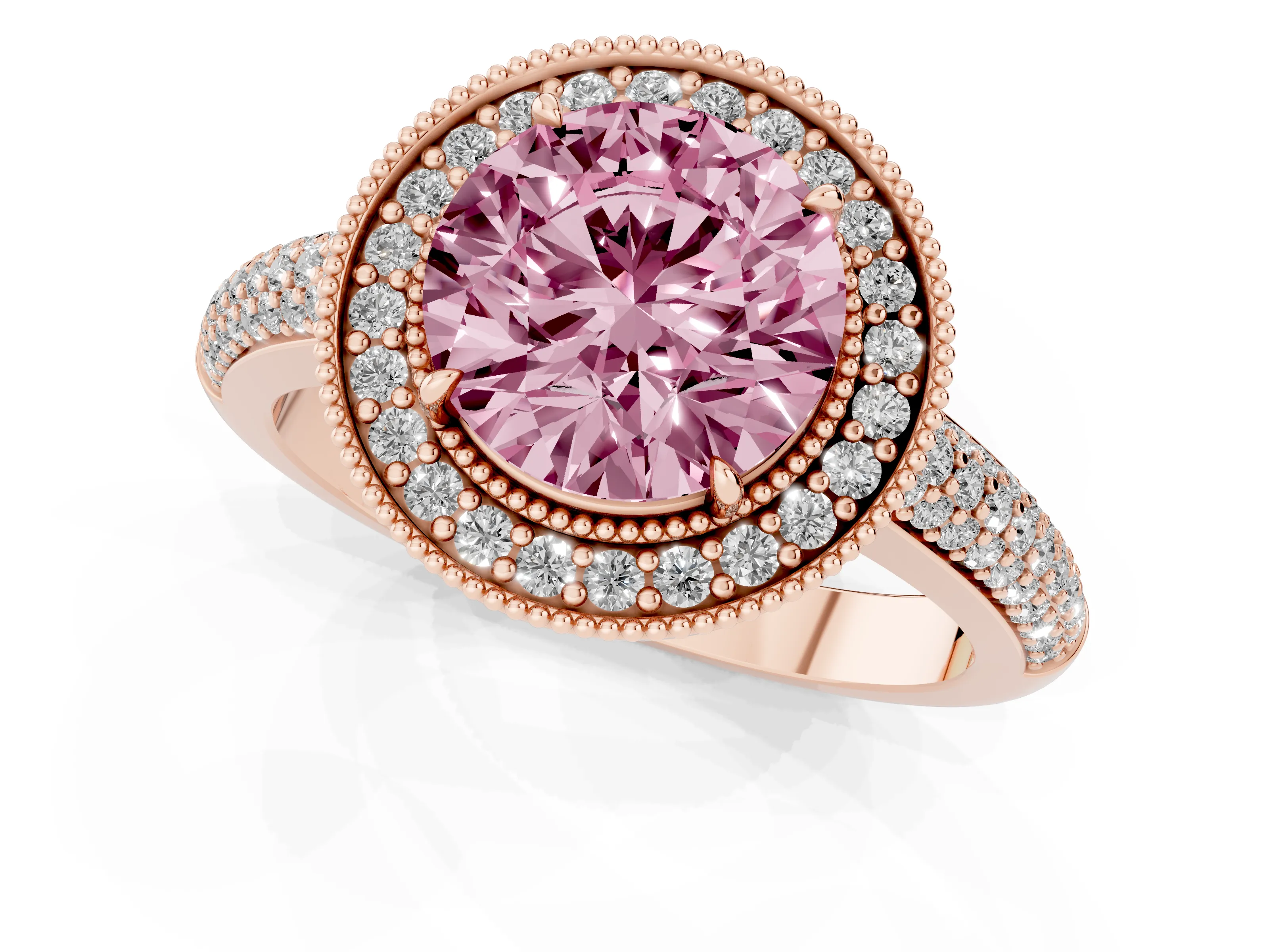 Fancy Pink Round Cut Diamond Halo Pavé Band Set in Rose gold with Prong Setting