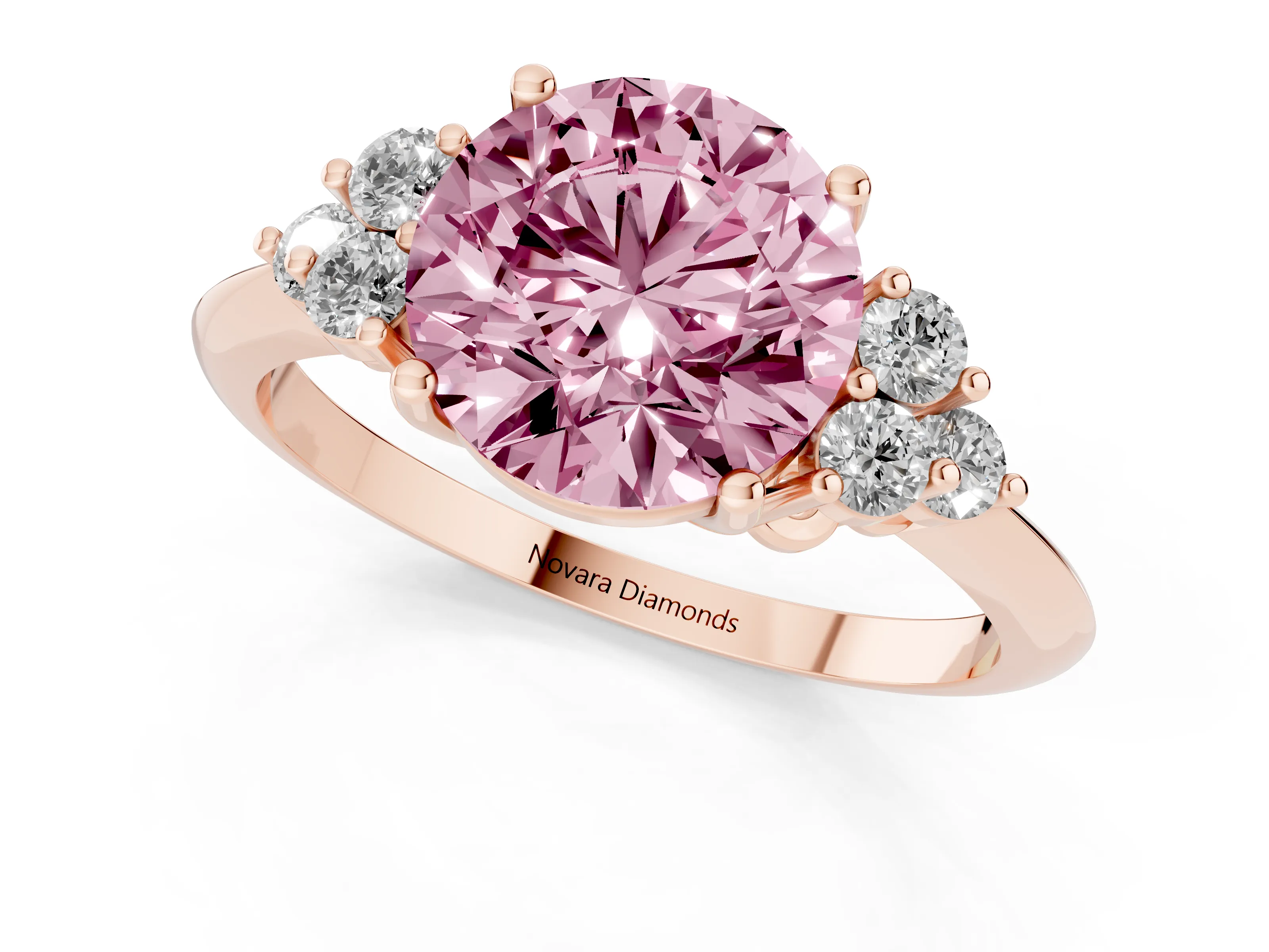 Fancy Pink Round Cut Diamond Cluster Ring Set in Rose gold with Plain Band and Prong Setting