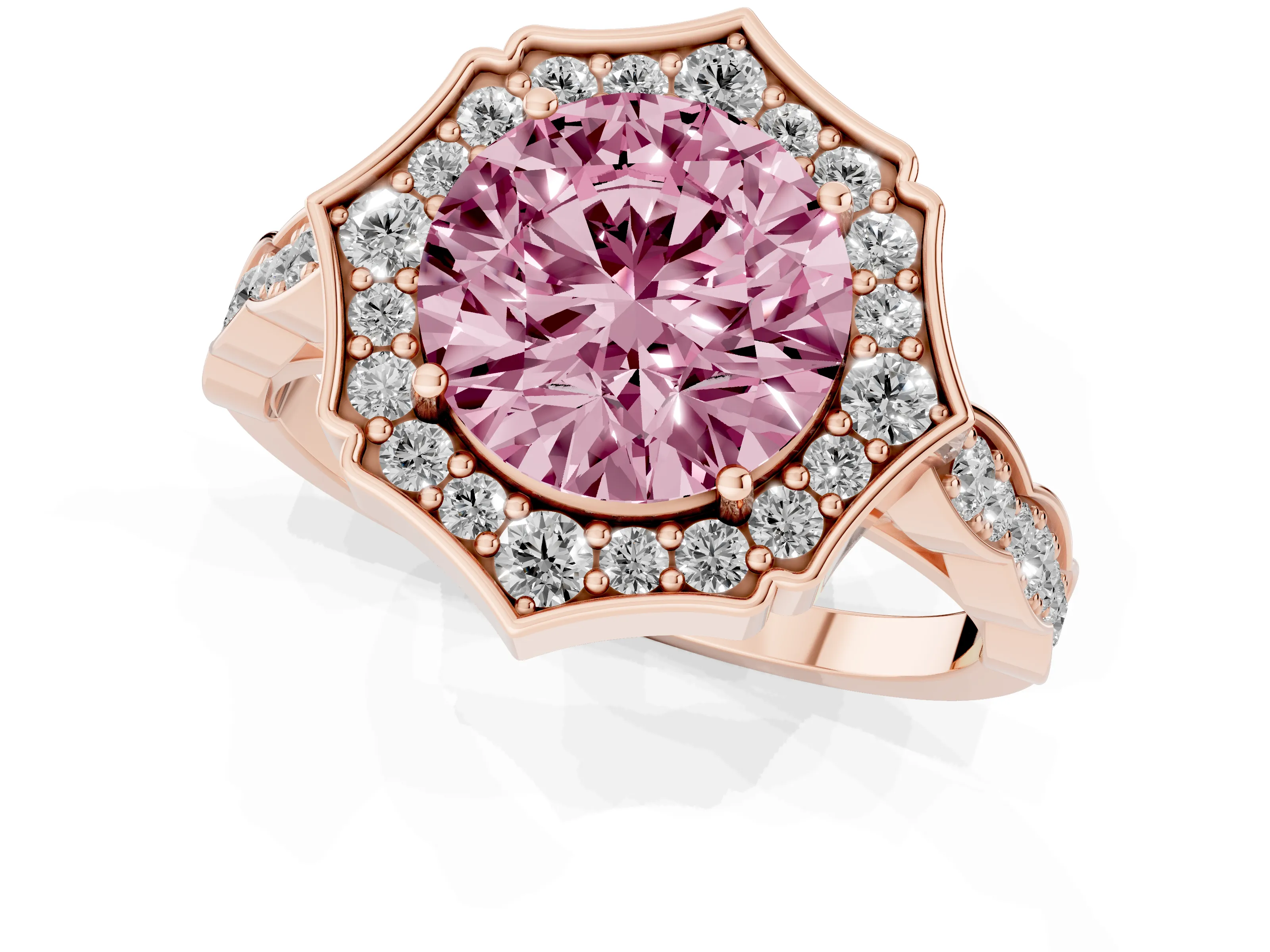 Fancy Pink Round Cut Diamond Halo Engagement Ring Set in Rose gold with Milgrain Band and Prong Setting