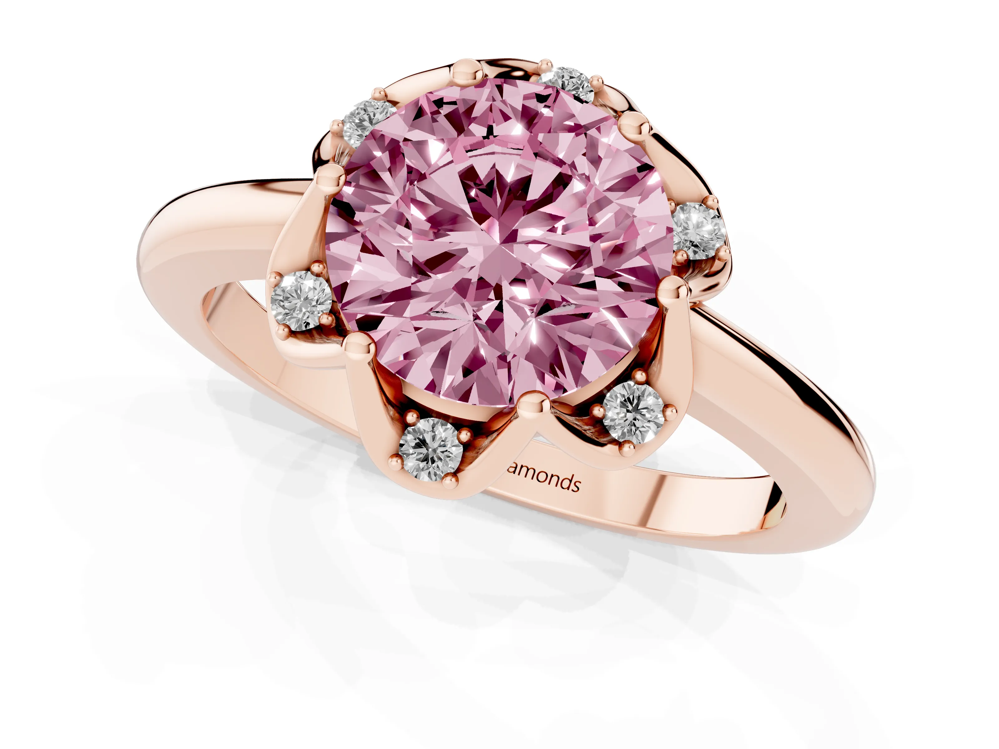 Fancy Pink Round Cut Diamond Round Cluster Halo Ring Set in Rose gold with Solitaire Band and Prong Setting