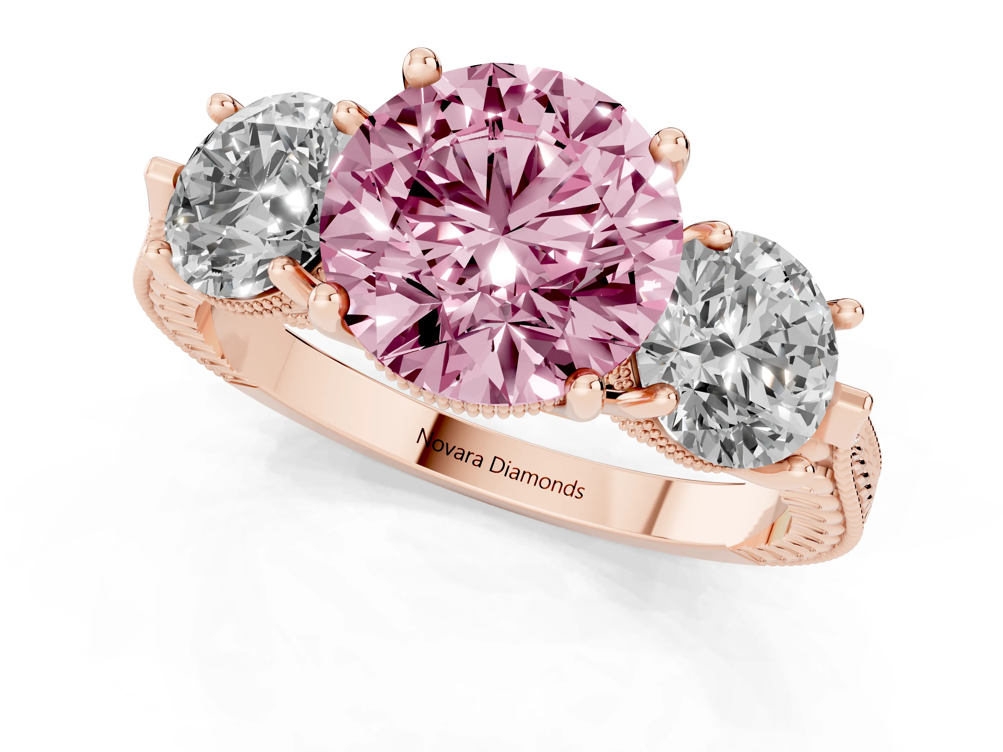 Fancy Pink Round Cut Diamond Three-Stone Ring Set in Rose gold with Milgrain Band