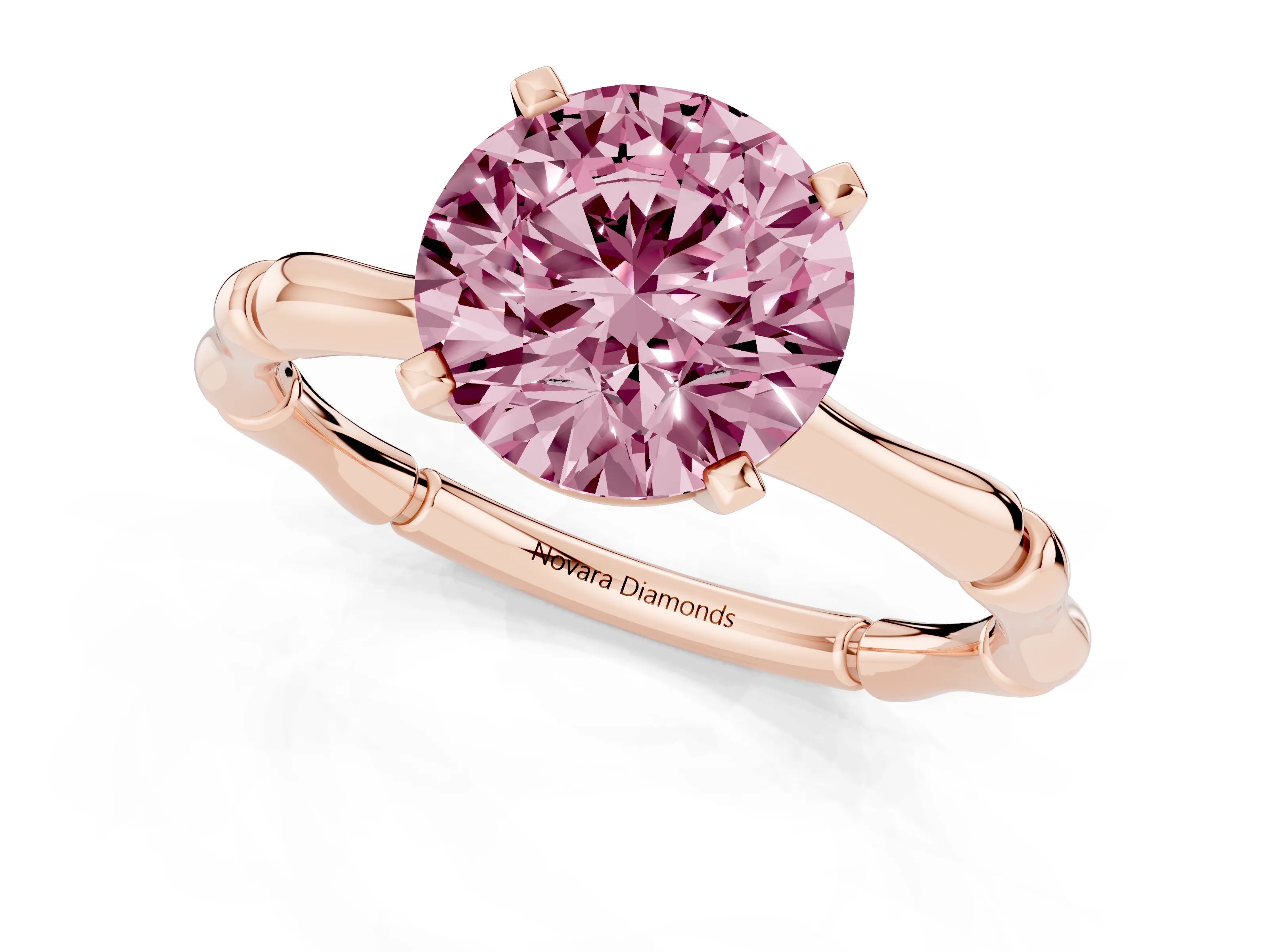 Fancy Pink Round Cut Diamond Solitaire Ring Set in Rose gold with Bamboo Band and Prong Setting