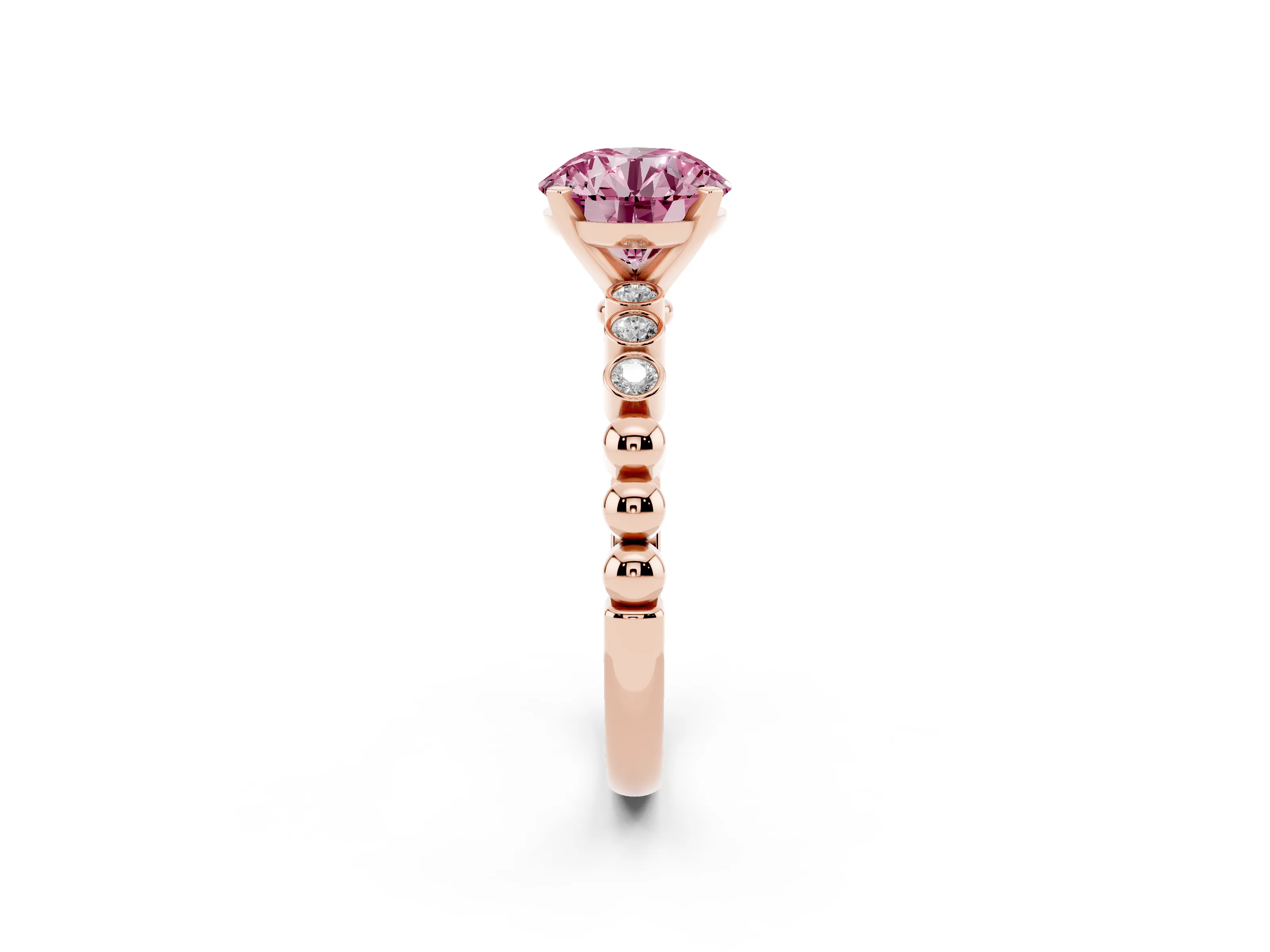 Fancy Pink Round Cut Diamond Solitaire Engagement Ring Set in Rose gold with Bezel Accents on Beaded Band