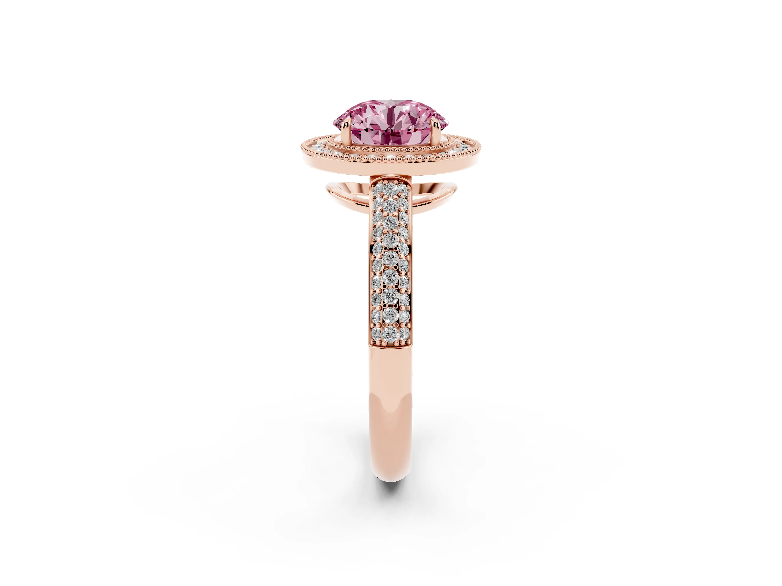 Fancy Pink Round Cut Diamond Halo Pavé Band Set in Rose gold with Prong Setting