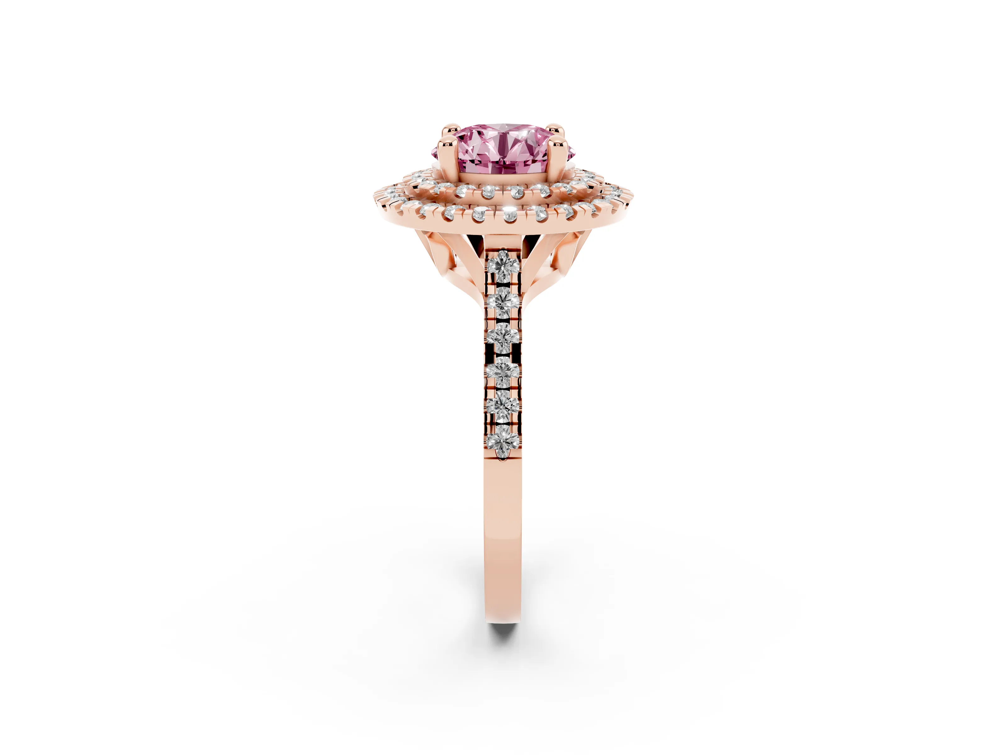 Fancy Pink Round Cut Diamond Double Halo Statement Ring Set in Rose gold with Pavé Band