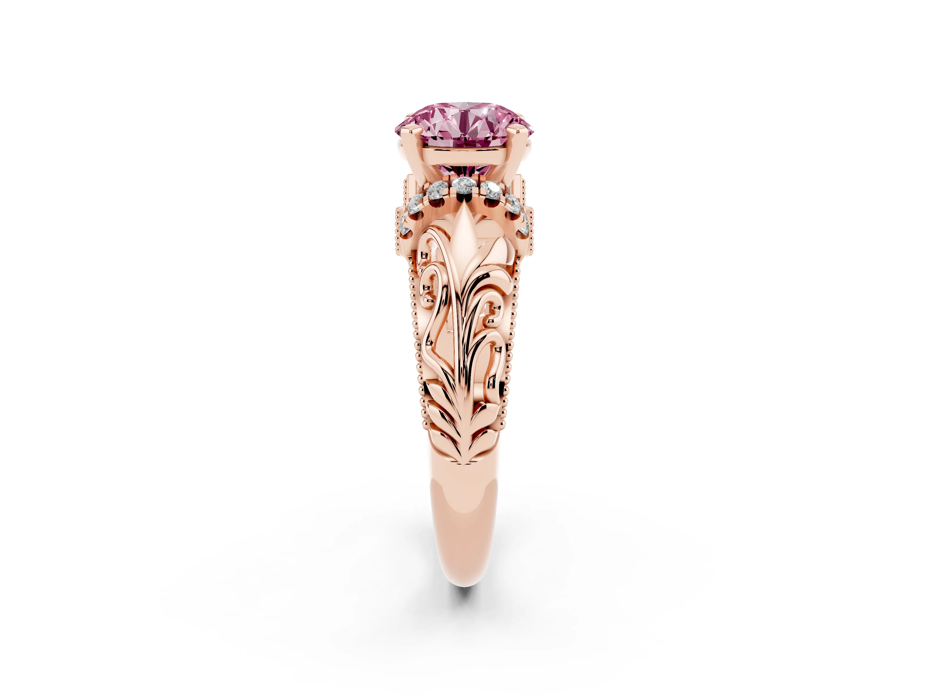Fancy Pink Round Cut Diamond Filigree Halo Engagement Ring Set in Rose gold with Prong Setting
