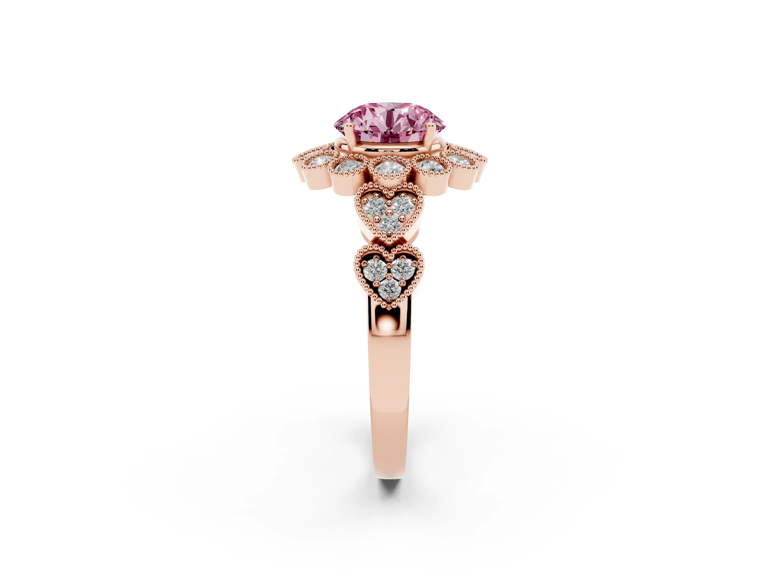 Fancy Pink Round Cut Diamond Solitaire Ring Set in Rose gold with Milgrain Pavé Heart Band