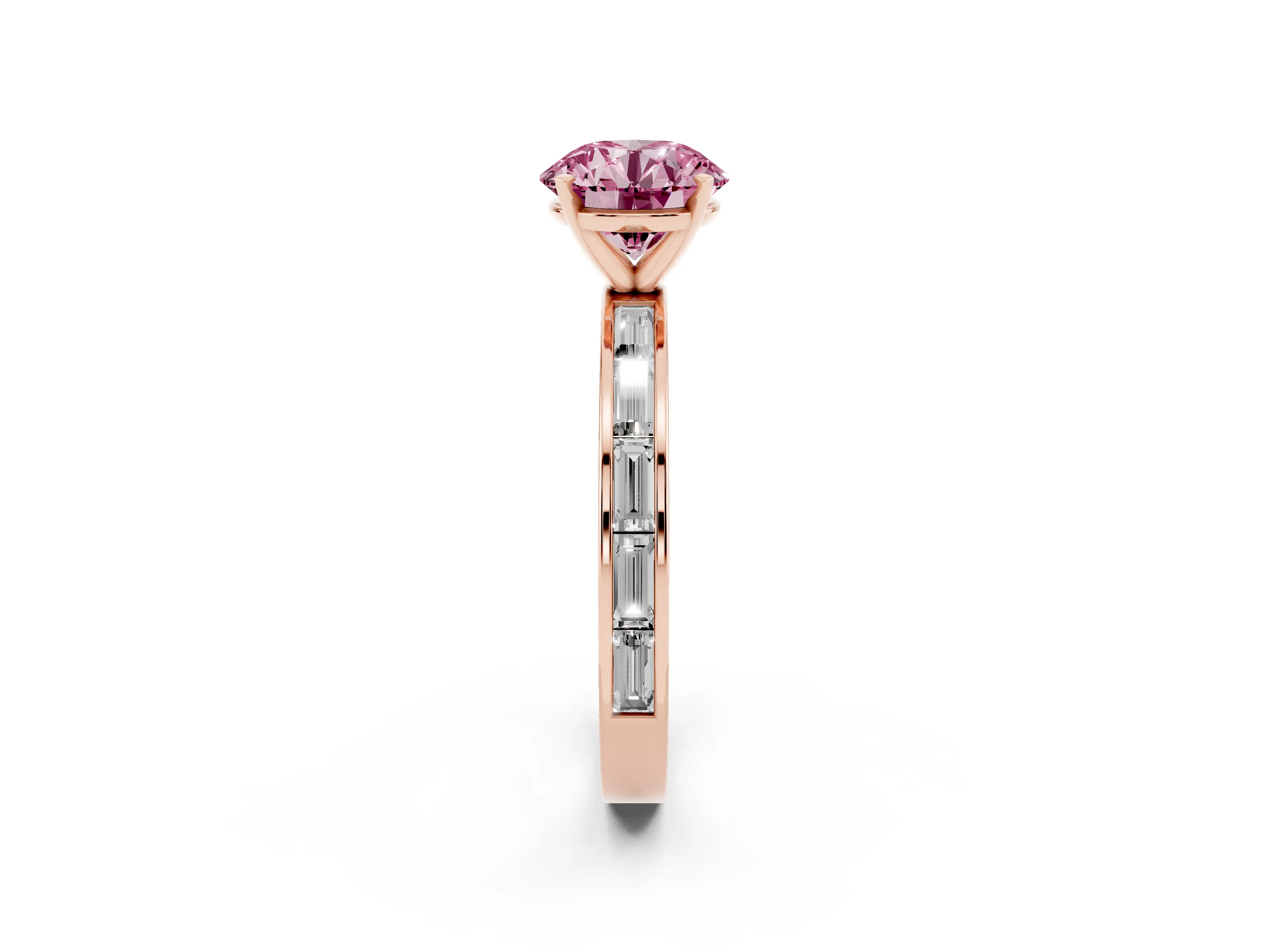 Fancy Pink Round Cut Diamond Solitaire Ring Set in Rose gold with Channel-Set Baguette Band and Prong Setting