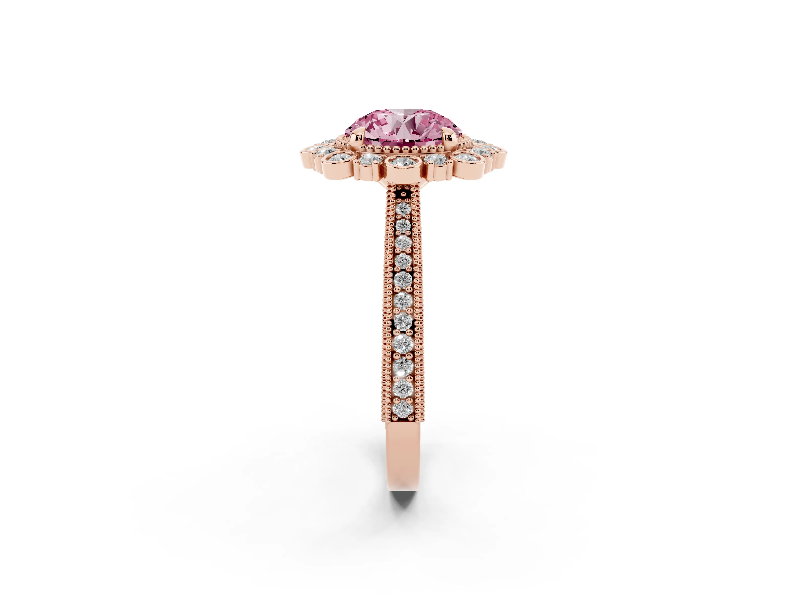 Fancy Pink Round Cut Diamond Halo Milgrain Pavé Ring Set in Rose gold with Prong Setting
