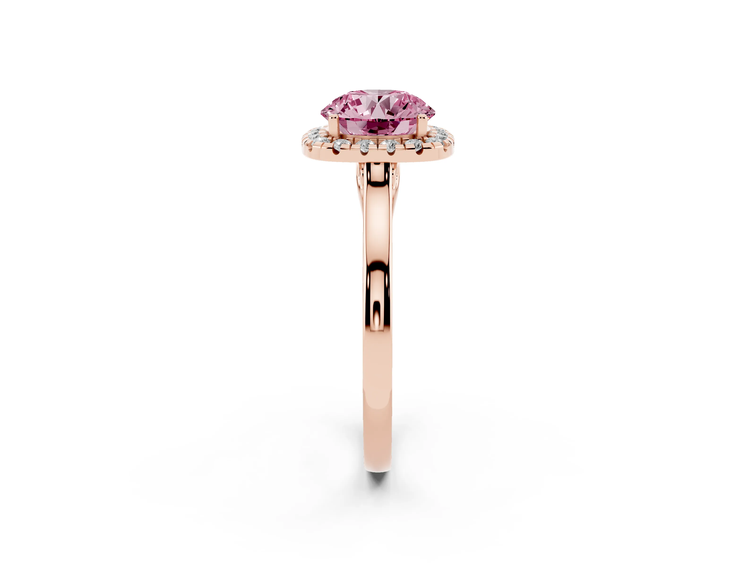 Fancy Pink Round Cut Halo Round Diamond Solitaire Ring Set in Rose gold with Pavé Band and Prong Setting