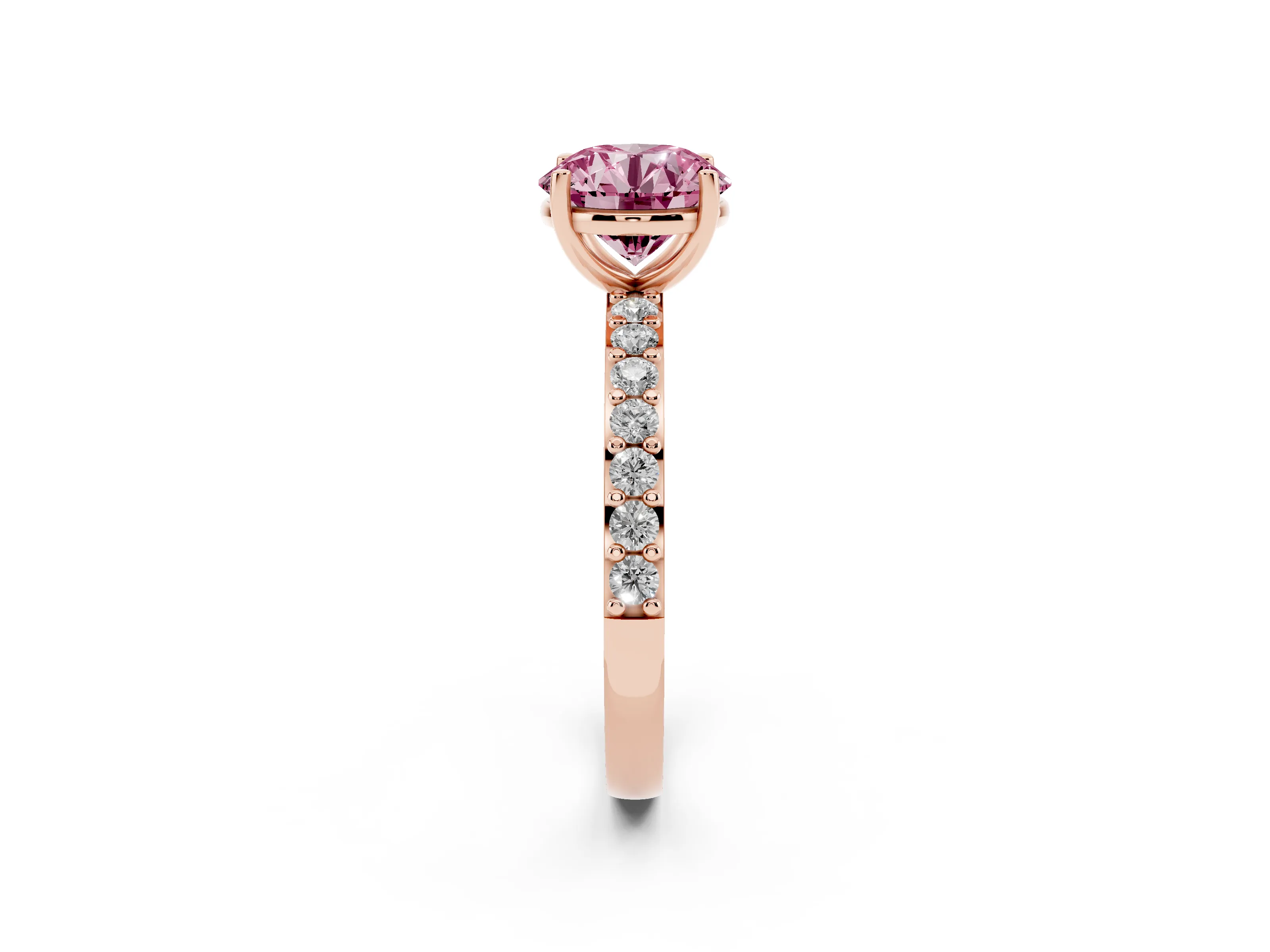Fancy Pink Round Cut Diamond Solitaire Set in Rose gold with Round Pavé Band and Prong Setting