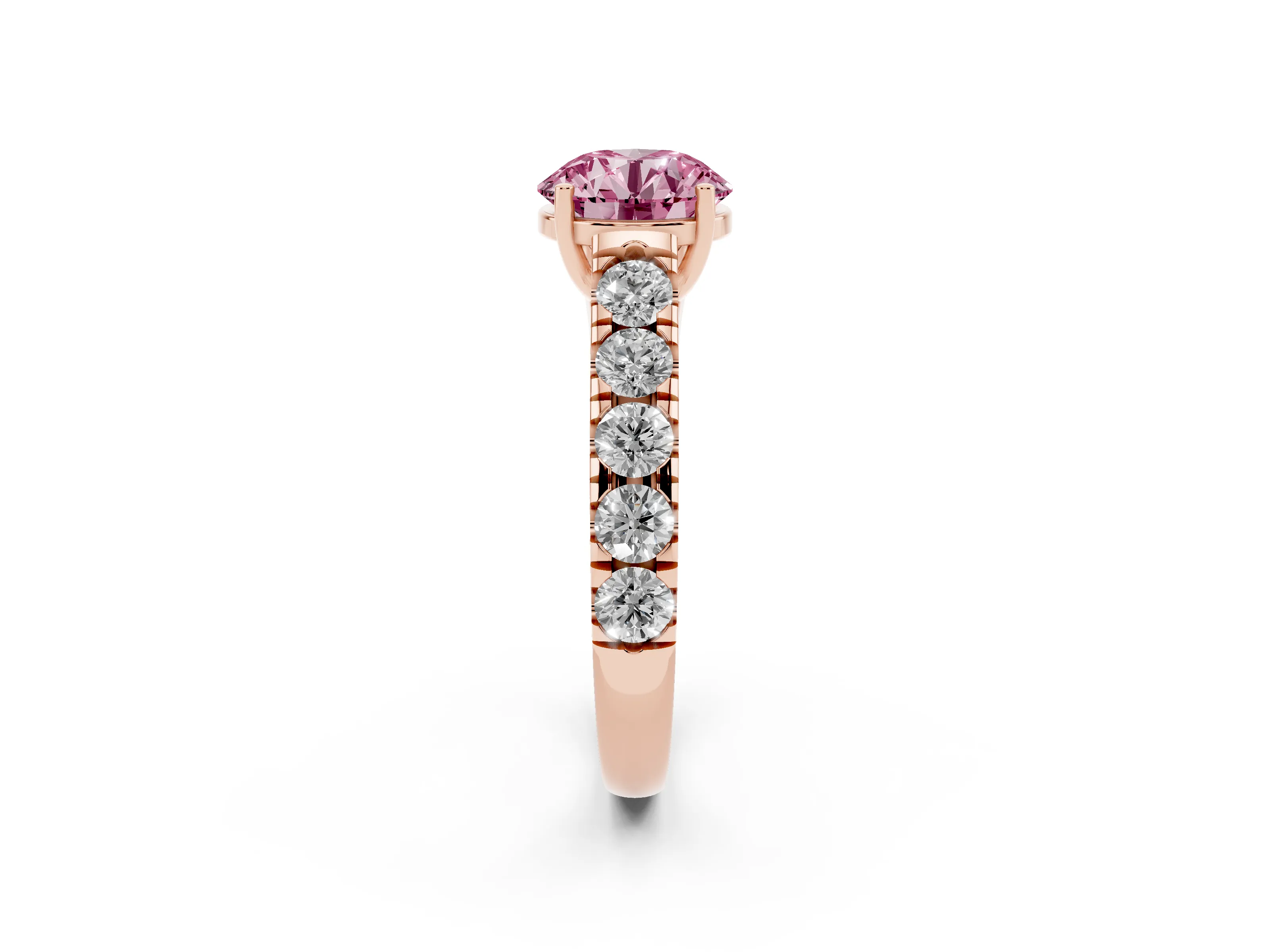Fancy Pink Round Cut Diamond Solitaire Ring Set in Rose gold with Cut-Down Micro Pavé Band and Prong Setting
