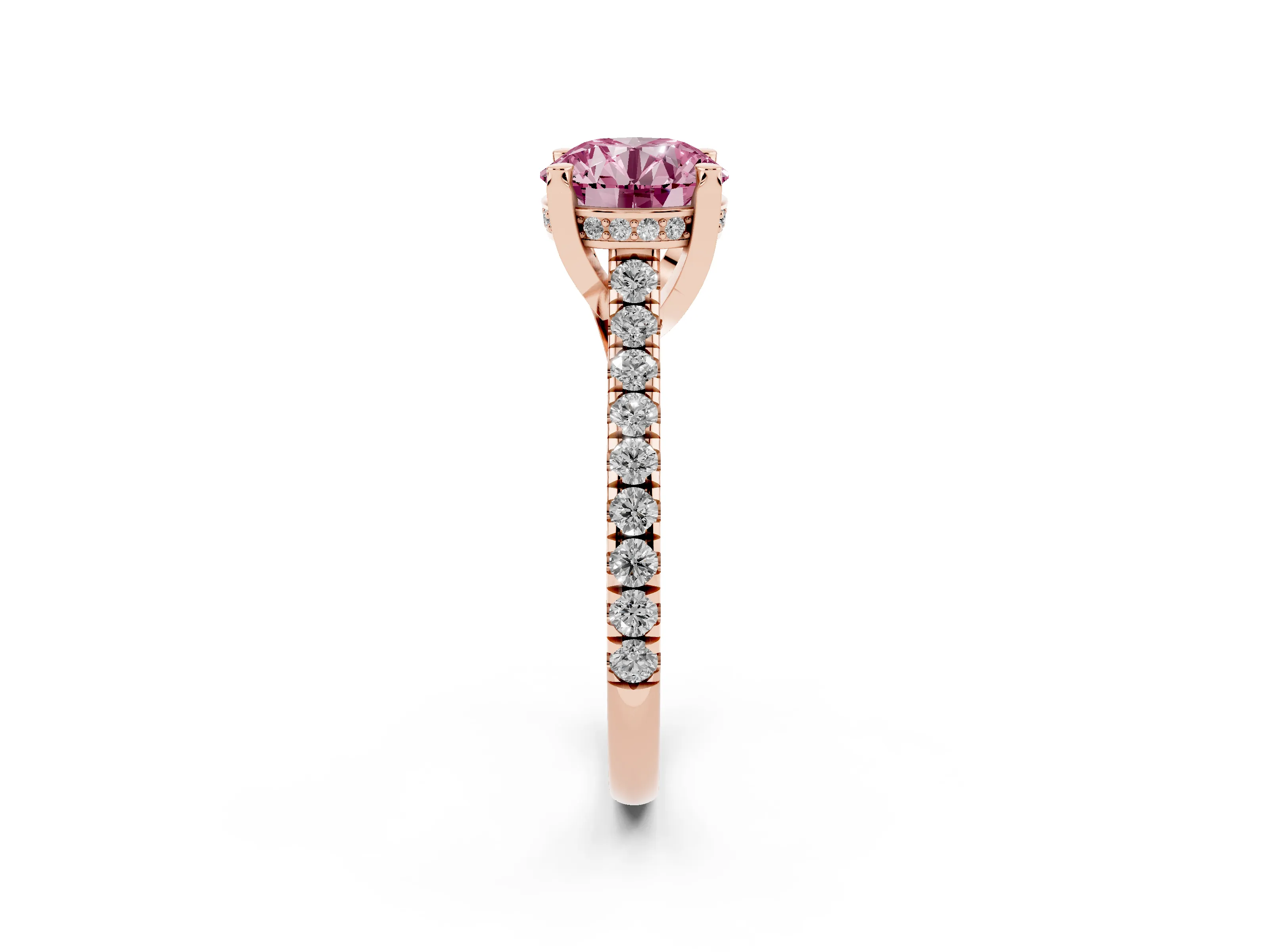 Fancy Pink Round Cut Diamond Solitaire Ring Set in Rose gold with Brilliant Pavé Band and Prong Setting