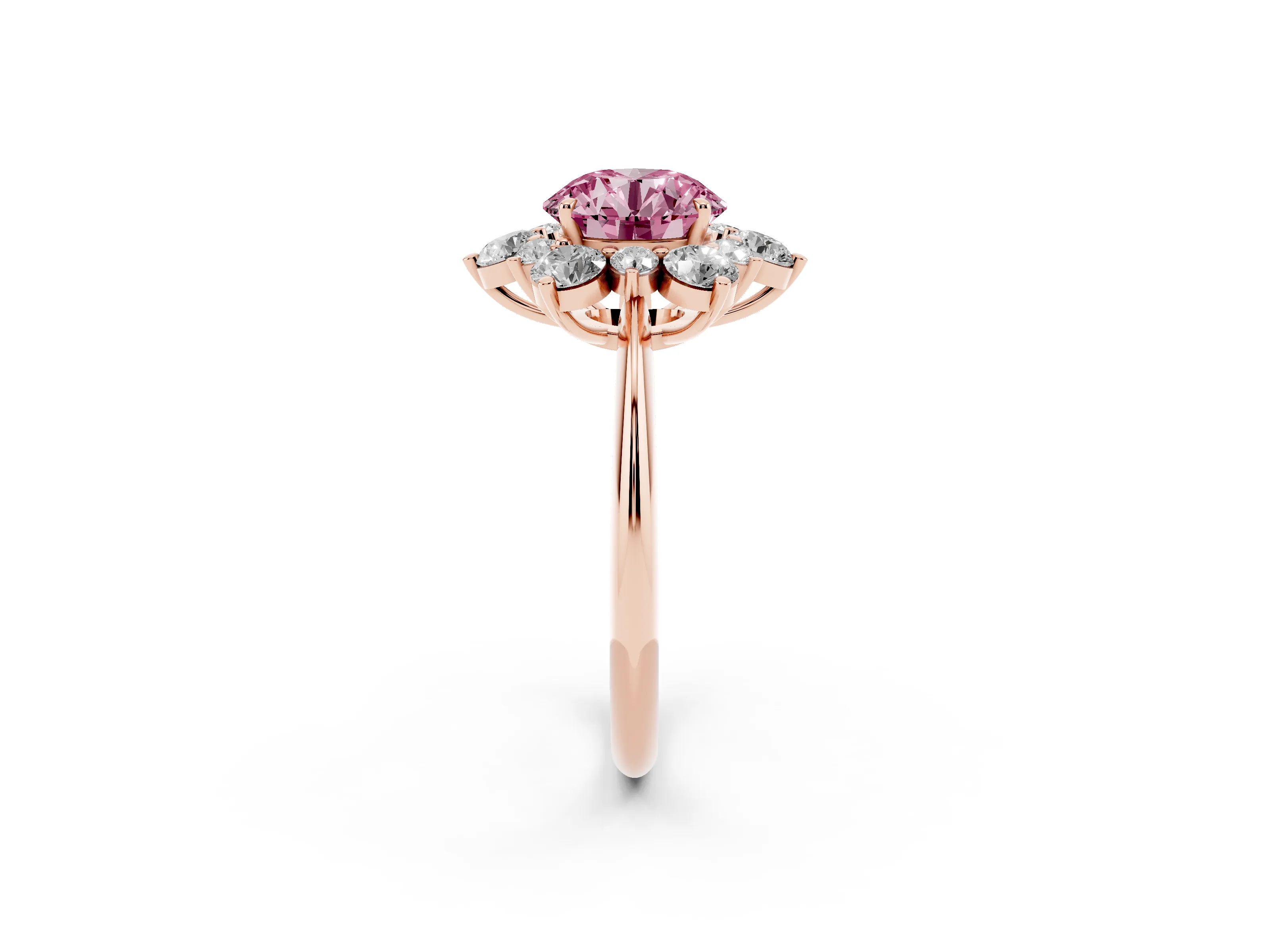 Fancy Pink Round Cut Diamond Cluster Halo Ring Set in Rose gold with Solitaire Band and Prong Setting