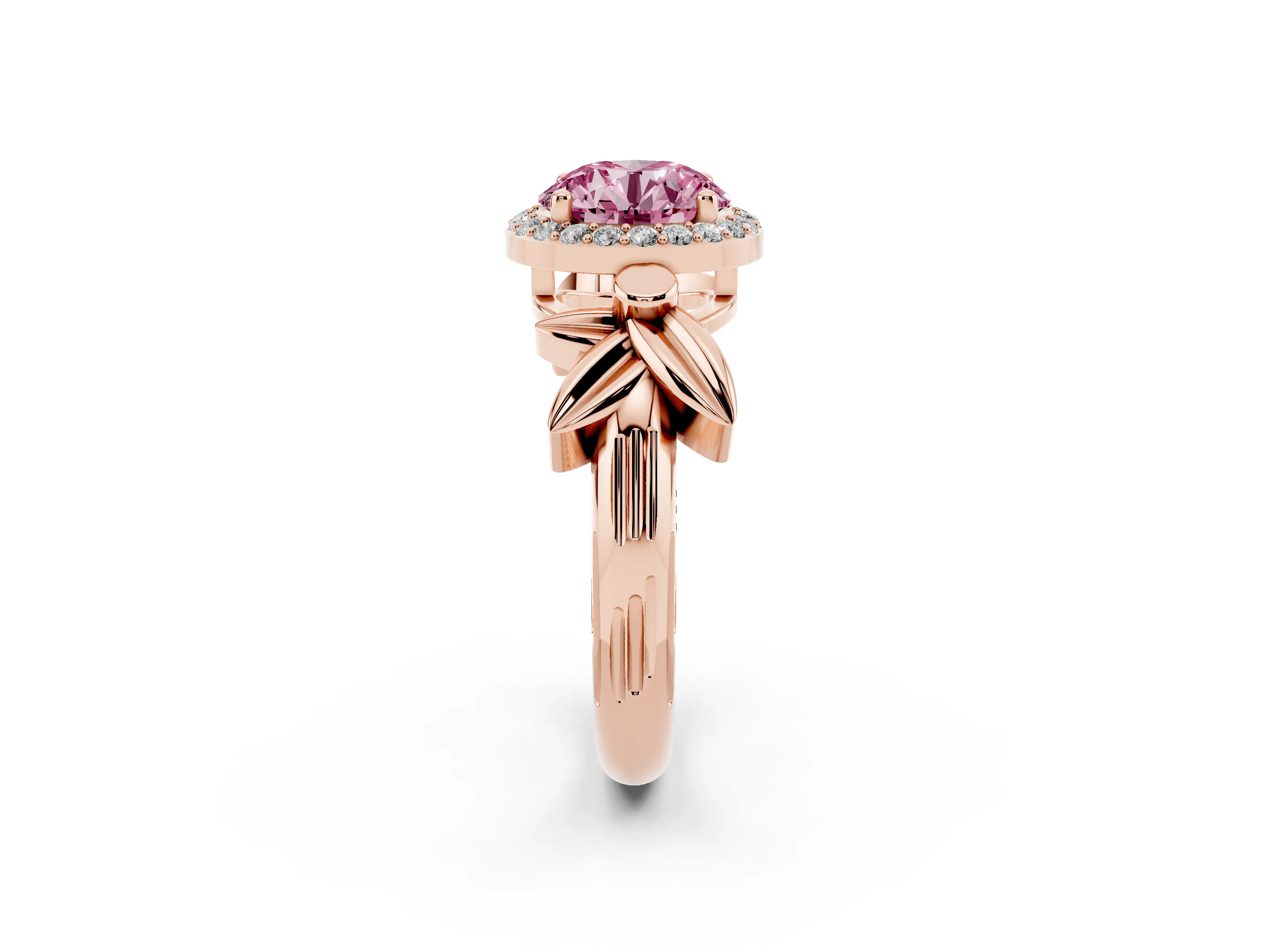 Fancy Pink Round Cut Diamond Halo Floral Band Ring Set in Rose gold with Prong Setting