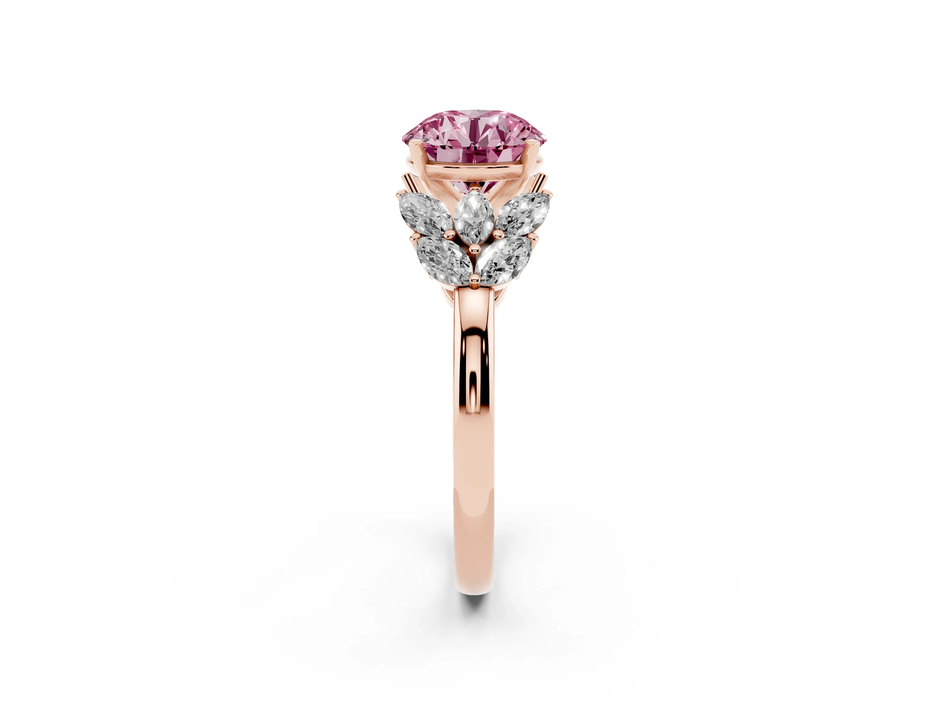 Fancy Pink Round Cut Diamond Cluster Leaf Design Ring Set in Rose gold with Prong Setting