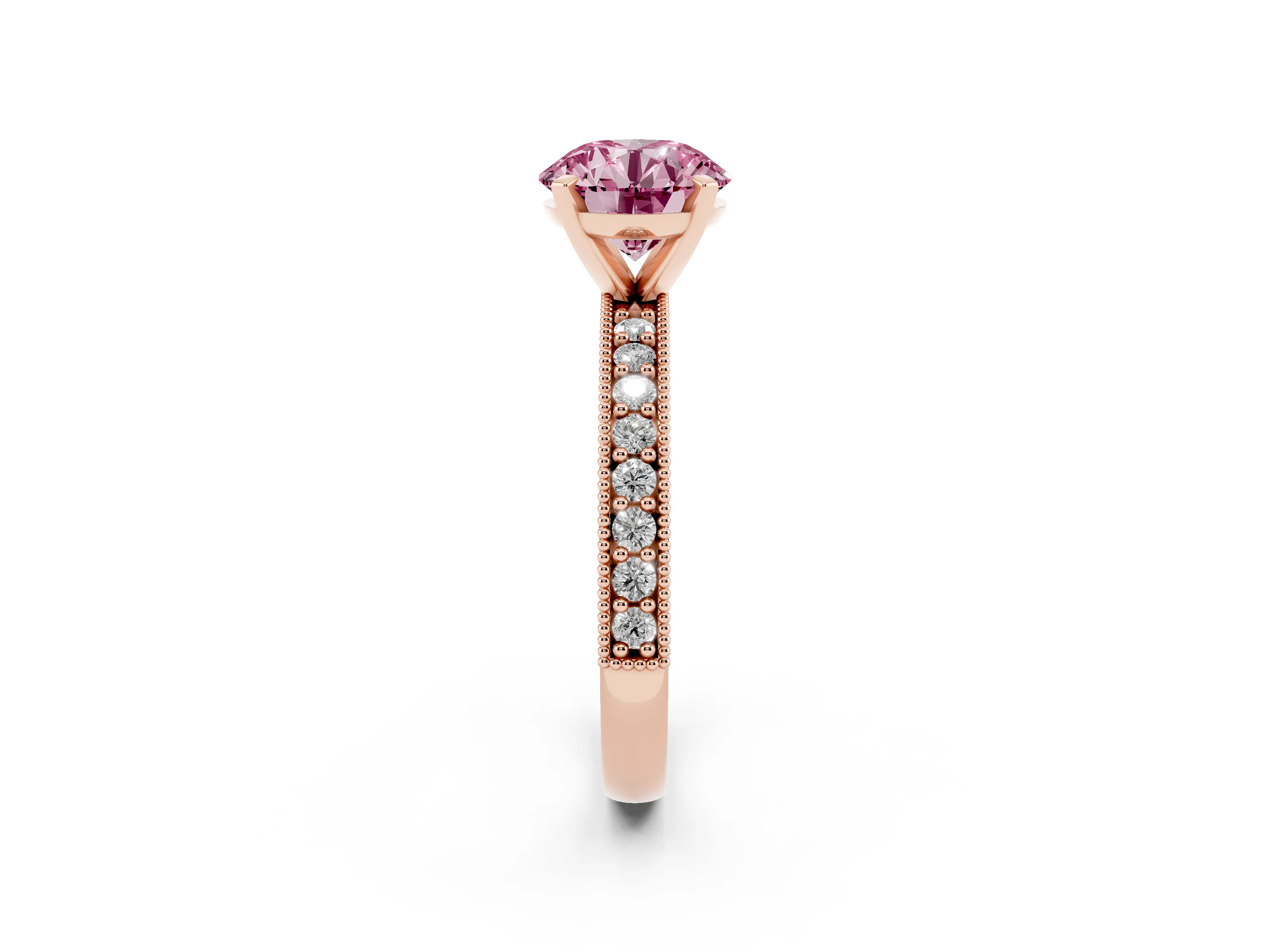 Fancy Pink Round Cut Diamond Milgrain Pavé Engagement Ring Set in Rose gold with Prong Setting