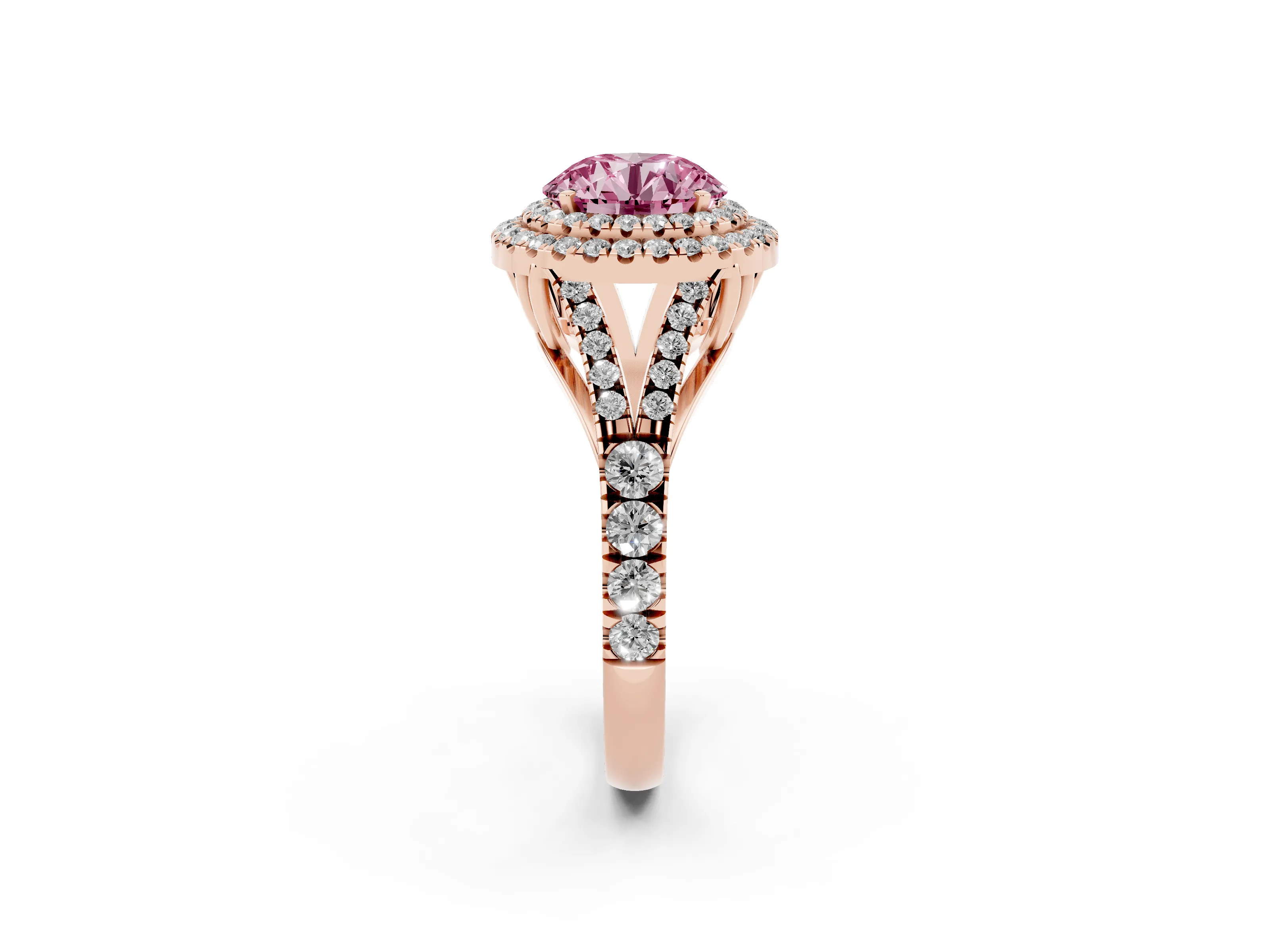 Fancy Pink Round Cut Diamond Pavé Split Shank Double Halo Engagement Ring Set in Rose gold