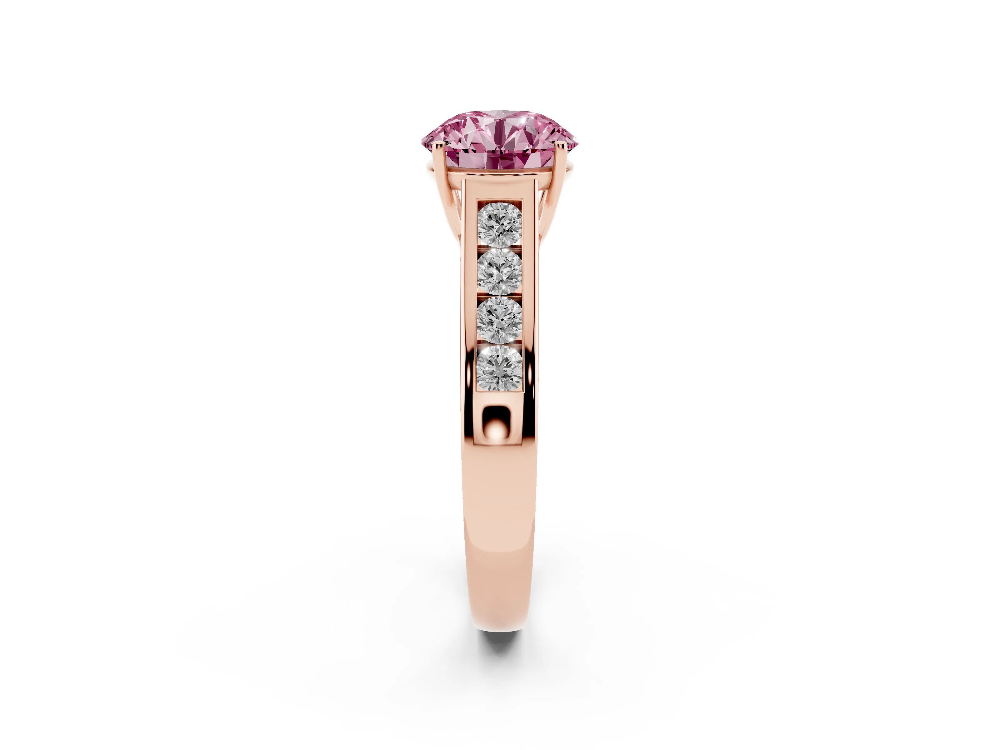 Fancy Pink Round Cut Diamond Solitaire Channel-Set Engagement Ring Set in Rose gold with Prong Setting