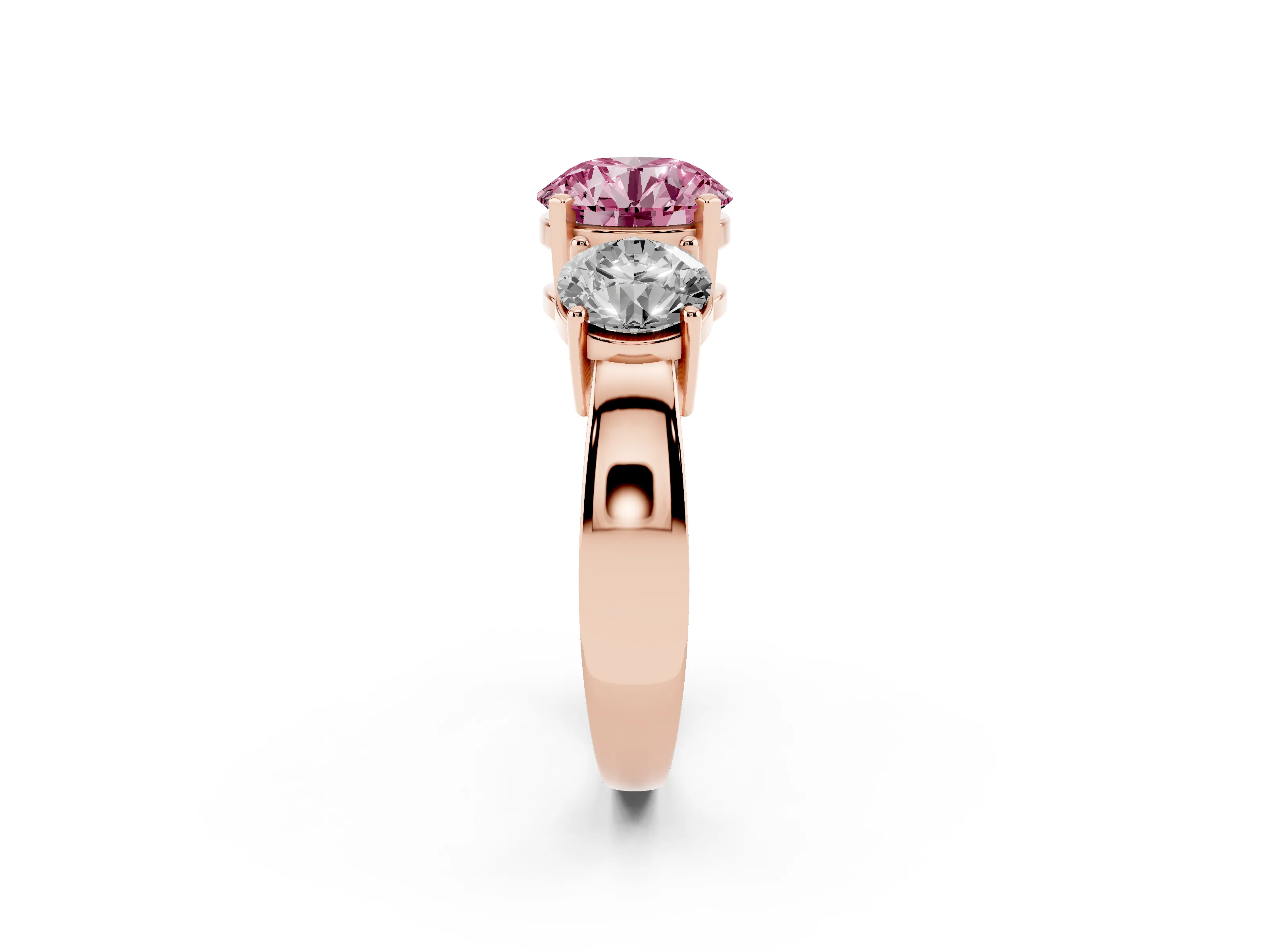 Fancy Pink Round Cut Diamond Three-Stone Ring Set in Rose gold with Round Side Stones and Classic Band