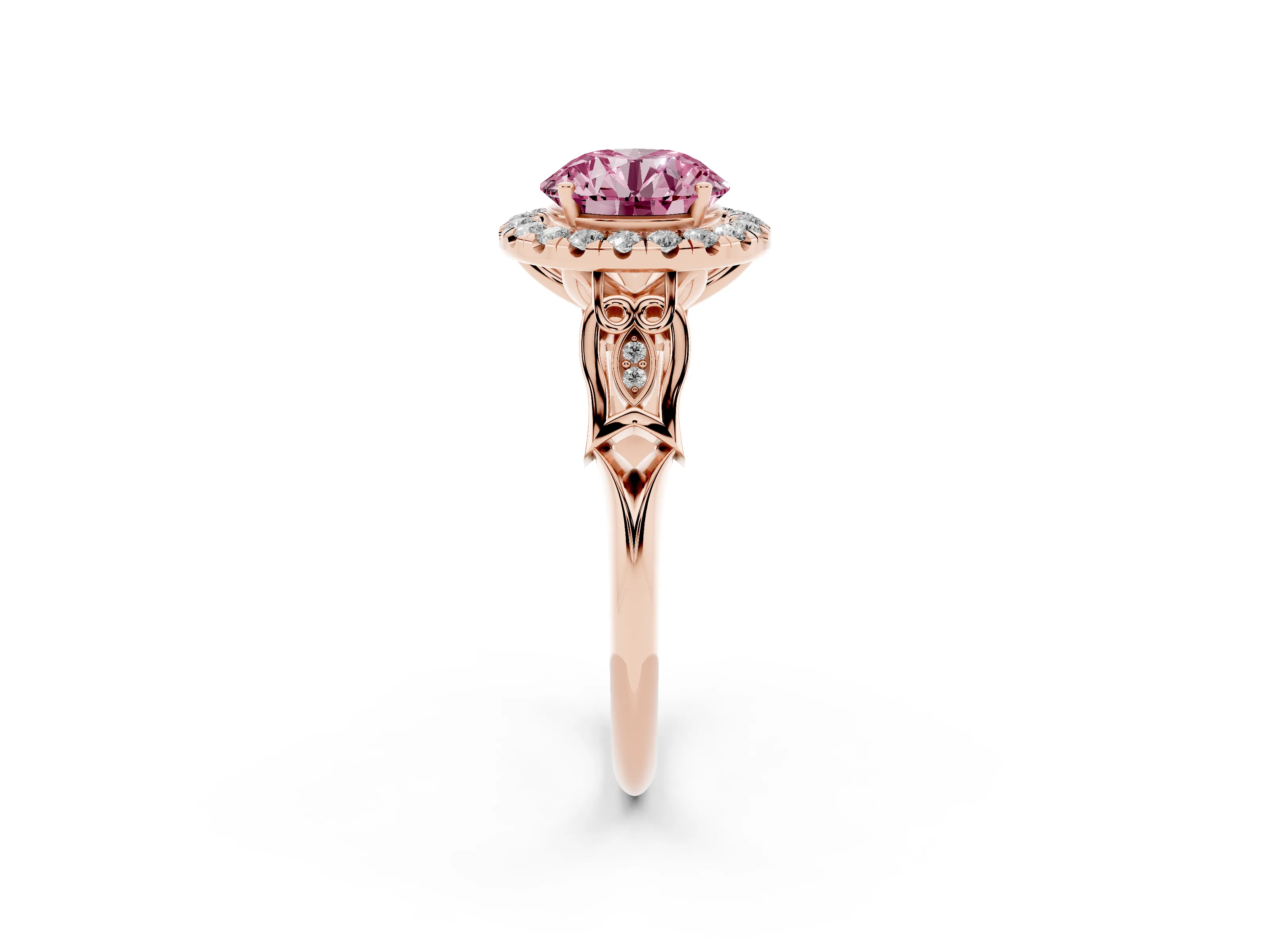 Round Vintage Halo Engagement Ring Setting for a Fancy Pink Lab-Grown Diamond | Pierced Filigree Shoulders | Rose Gold