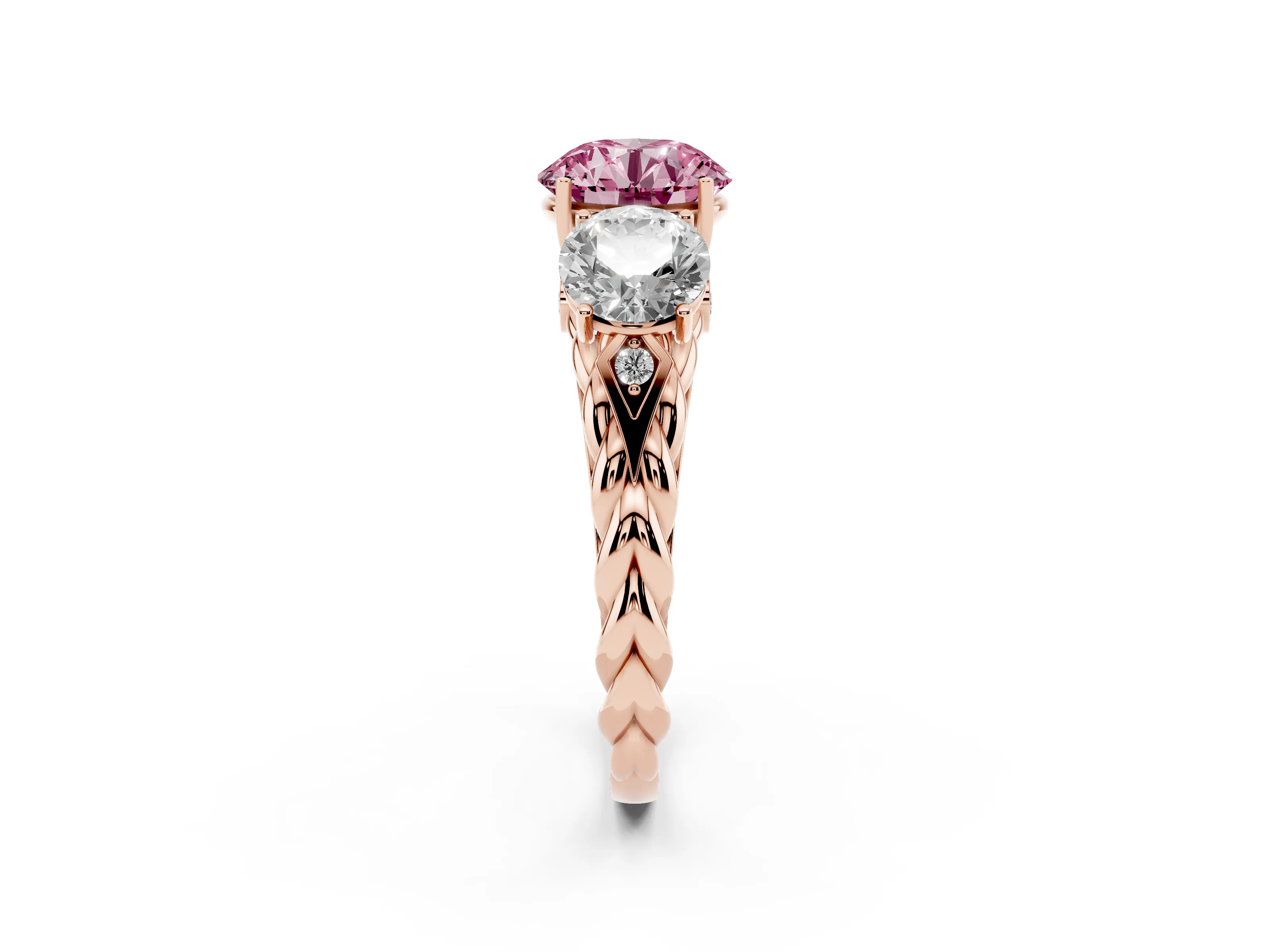 Fancy Pink Round Cut Diamond Three-Stone Ring Set in Rose gold with Braided Band