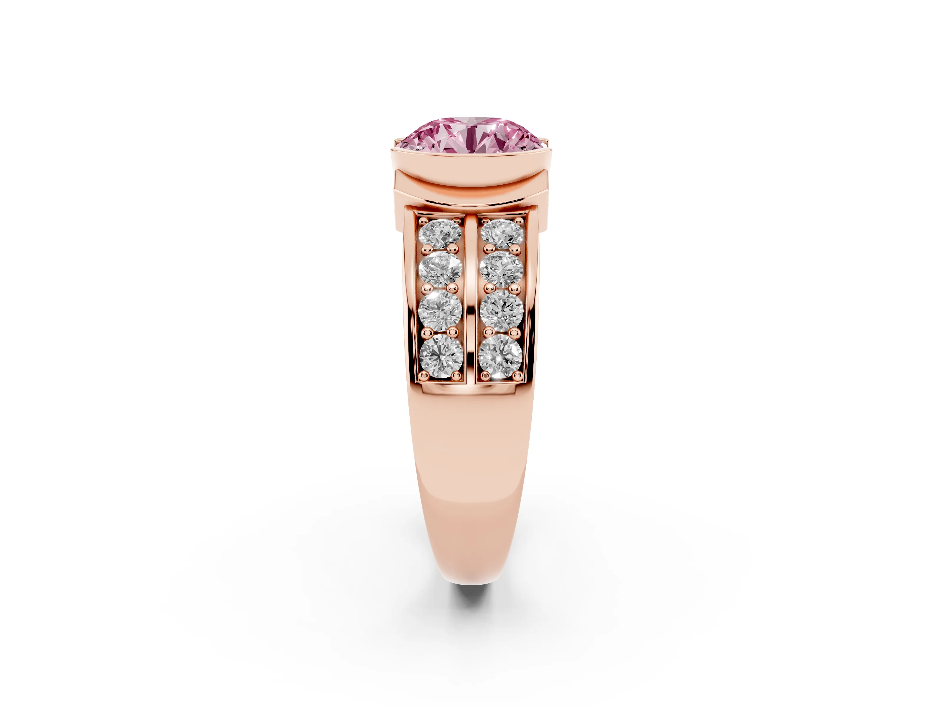 Fancy Pink Round Cut Diamond Wide Channel Set Band Ring Set in Rose gold with Bezel Setting