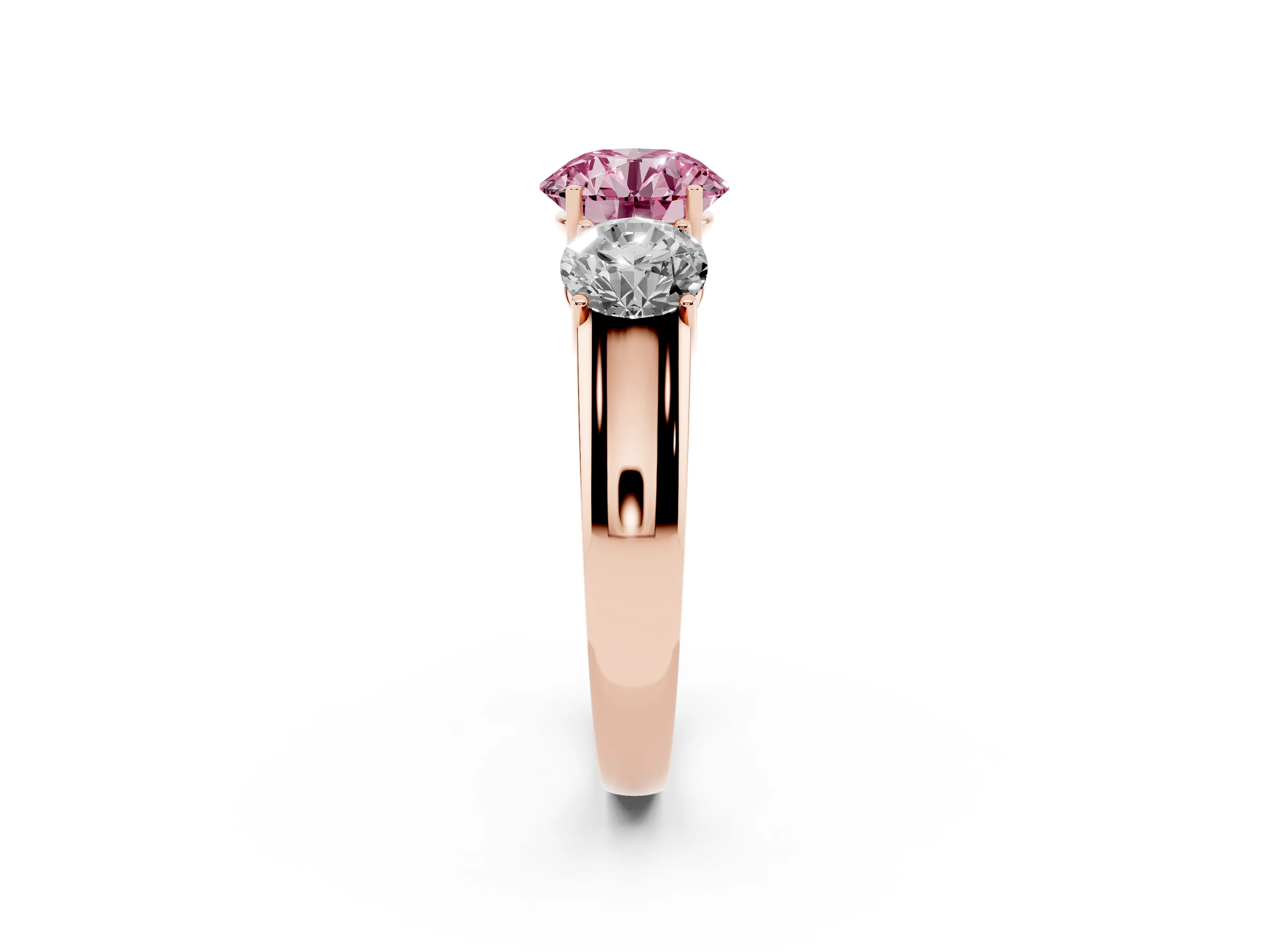 Fancy Pink Three-Stone Round Cut Diamond Ring Set in Rose gold with Matching Prong Settings and Plain Band