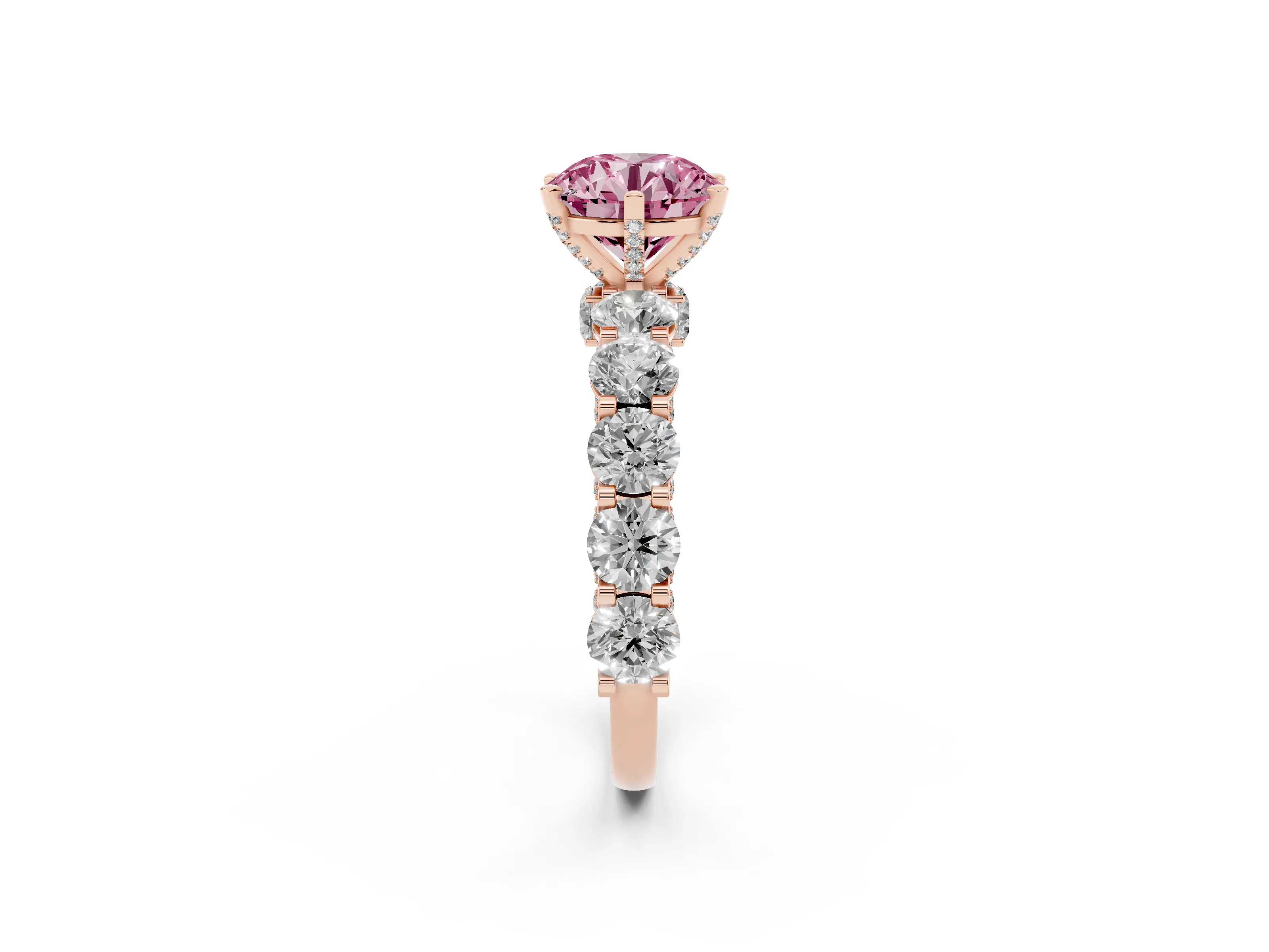 Fancy Pink Round Cut Diamond Side Stone Ring Set in Rose gold with Alternating Round and Oval Side Stones