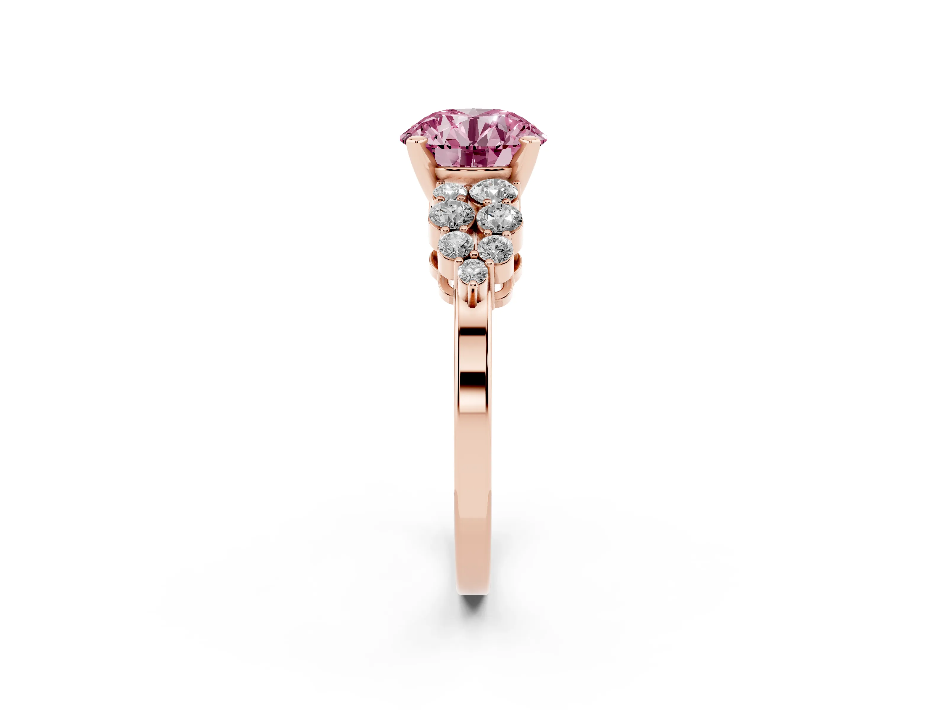 Fancy Pink Round Cut Diamond Cluster Engagement Ring Set in Rose gold with Pavé Band and Prong Setting